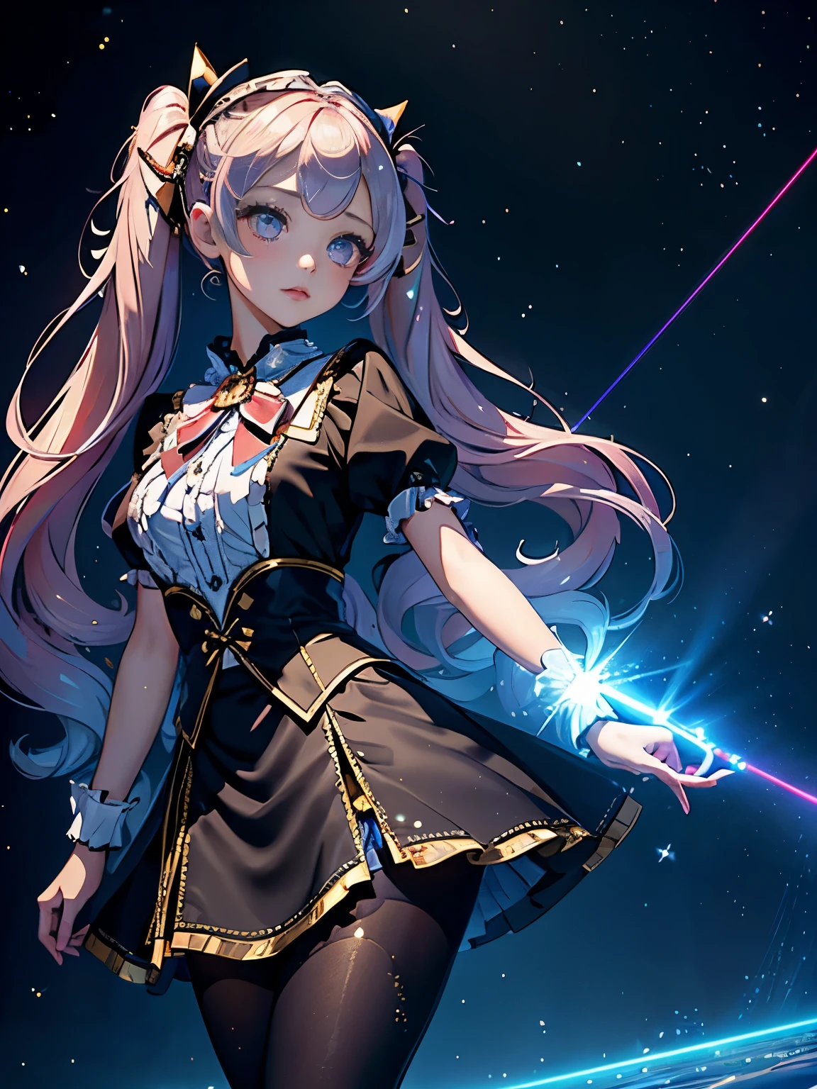 (masterpiece, exquisite, With rich detail and the highest image quality),colorful background,1 girl,close,very big eyes,Color Gradient Hair,(skirt laser:1.2),pantyhose,laser,laser shining star,beautiful fine water,bust,,twin tails,hair ribbon,star hair ornament,long eyelashes,  