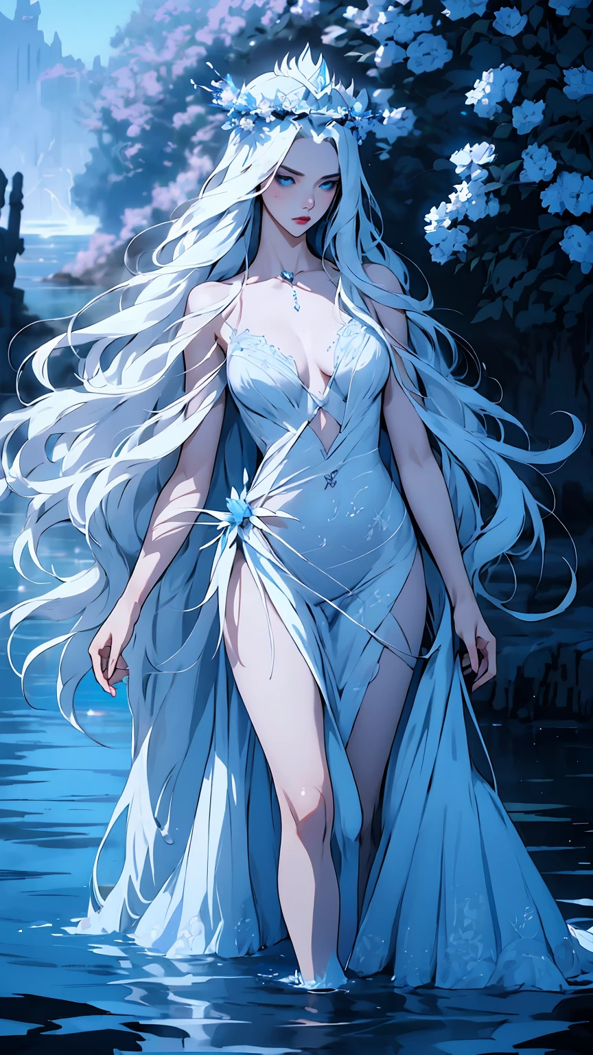 hyper-realistic  of a mysterious woman with flowing silver hair, piercing blue eyes, and a delicate floral crown, walking on the water, whole  body