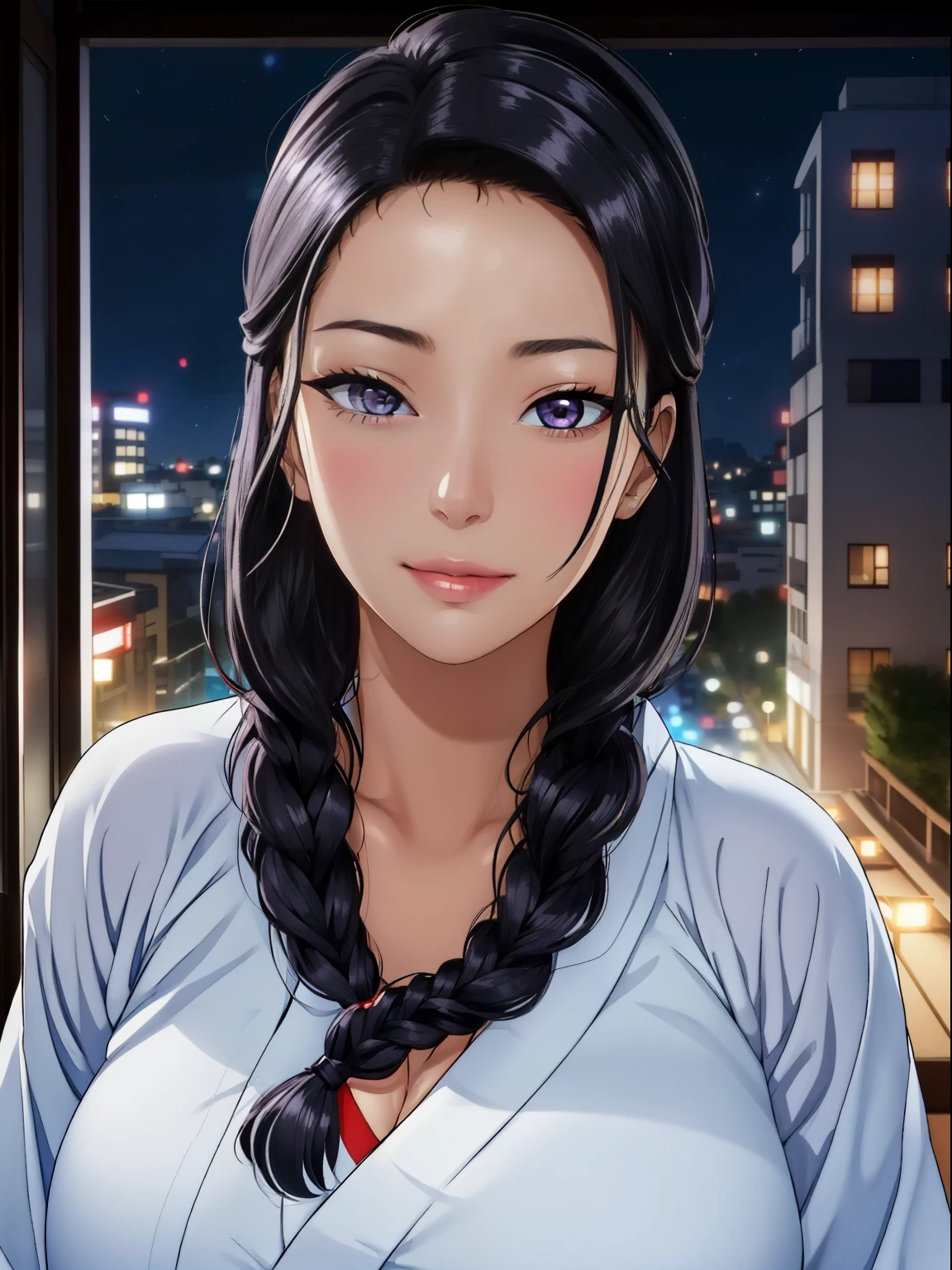 (night:1.7), Japan, Tokyo, City view, in front of the window,
looking at the viewer, (fascinating look:1.2), Happy, 笑face,
(white_kimono:1.3),cleavage,
black_hair, length_hair, hair_pulled_return,Broke up_lips,purple_eye, Braid,
1 girl, 24-years-old,mature woman,beautiful Finger,beautiful length legs,beautiful body,beautiful Nose,beautiful character design, perfect eye, perfect face, perfect fingers, perfect hands, Perfect chest, perfect body,
looking at the viewer, in the center of the image,
NSFW,official art,highly detailed body, exteremly detailed face, extremely detailed hair, extremely detailed eye, wallpaper, perfect lighting,Farbeful, bright_front_face_lit,
(masterpiece:1.0),(Highest_quality:1.0), 超High resolution,4K,super detailed,
photograph, 8K, HDR, High resolution, disorganized:1.2, kodak portrait 400, film grain, blurry returnground, bokeh:1.2, Lens flare, (lively_Farbe:1.2)
(beautiful,big_chest:1.4), (beautiful_face:1.5),(narrow_waist),