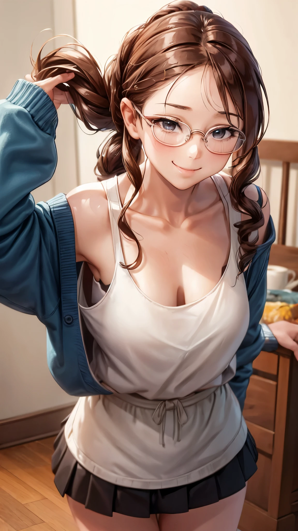 1 female,12 years old,brown hair,beautiful low ponytail hairstyle, (miniskirt and large white tank top, (), , natural smile,,frameless eyeglasses,(((slouch)))