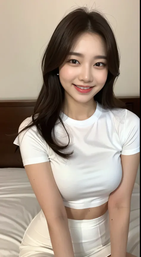 white tight shirt、white tight mini skirt、bed、smile、short sleeve、high resolution、Korean idol face