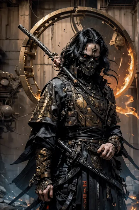 Hades，The Grim Reaper armed with a giant scythe,（wear：black robe，），fire breathing eyes，angry expression，(hairstyle: red curly ha...