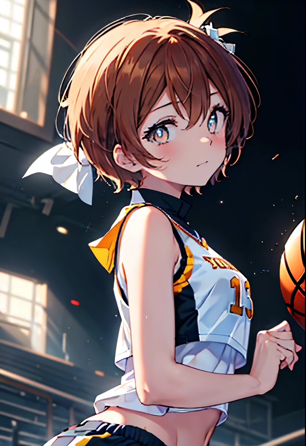 8k,highest quality,masterpiece,(((pixel perfect, Perfect in every detail))), alone, 1 girl, rin hoshizora, brown hair,short hair yellow eyes,small breasts,Limited to 1 female, (dynamic posing:1.2), /(basketball sleeveless uniform/basketball pants),  /bangs, (highest qualityのmasterpiece:1.2) Delicate illustrations super detailed, Big breasts BREAK /(Civic gymnasium/) indoor, audience、(masterpiece:1.2), highest quality, High resolution, unity 8k wallpaper, (shape:0.8), (beautiful and detailed eyes:1.6), highly detailed face, perfect lighting, Very detailed CG, (perfect hands, perfect anatomy),