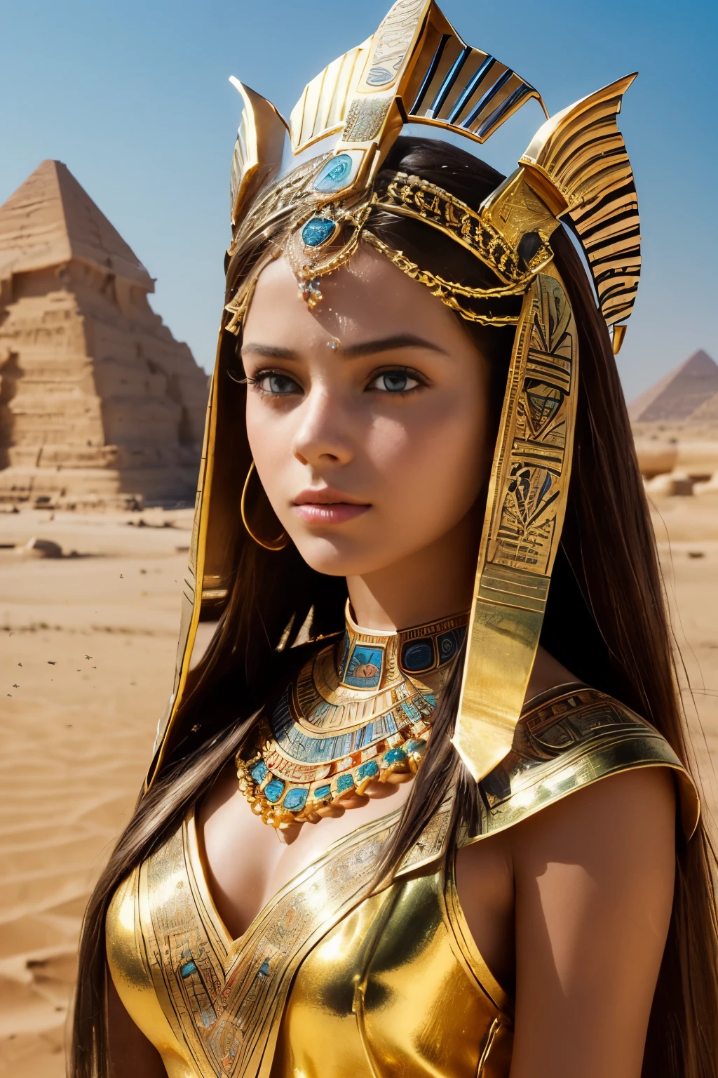 (Fotografía cinematográfica de una hermosa y detallada mujer de 18 años con ((facial y body characteristics that is similar to Kristina Pimenova))), (), ((La elegancia del antiguo Egipto: tema: Belleza atemporal inspirada en el antiguo Egipto. Ropa: Vestidos fluidos con motivos egipcios, accesorios de oro. escena: A desert lyscape or a setting reminiscent of ancient temples. accesorios: ankh, joyas de escarabajo, o un tocado dorado.)), (), (), finamente detallado, ultra-realistic features of her pale skin y (slender y athletic body), y (simétrico, realistic y beautiful face), cyid, (), (), (()), (), fotografía de archivo de película,  Colores ricos, Híper realista, textura realista, iluminación dramática, fuerte contraste