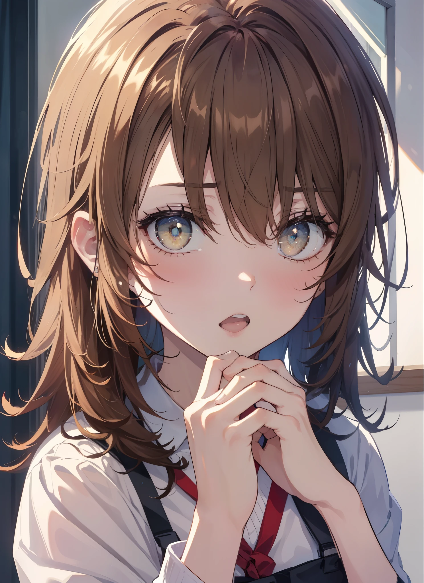 irohaisshiki, Isshiki Iroha, long hair, brown hair, (brown eyes:1.5), open your mouth wide, closed one eye,raise one hand,yawning,Sitting on the bed,whole body,Upper body,
break indoors, Bedroom,
break (masterpiece:1.2), highest quality, High resolution, unity 8k wallpaper, (shape:0.8), (beautiful and detailed eyes:1.6), highly detailed face, perfect lighting, Very detailed CG, (perfect hands, perfect anatomy),