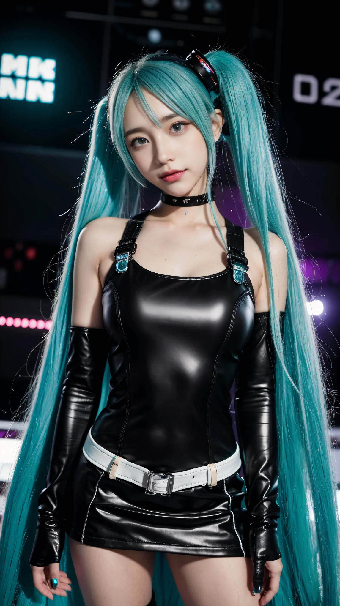 best quality， High resolution， Big breasts hatsune miku， expressive， mascara， Black T-shirt and， black skirt， lace pantyhose， High shoes， concert， Black Television Stations， guitar， studio， amplifier， messy room， electrical cables， night， choker necklace， Nipple piercing， dark eyeliner， dark eye makeup， Pale complexion， accessories using nails， Wristband， Complex fundamentals， Sparkling， graffiti， drink， poster of， With background， Pindets， underground， Crowded， noisy， sweaty， full of prunes， Mosin， narrow， in the room， masterpiece, highest quality,  alone, smile, heart pounding, full body esbian, view viewer, blue long hair, double tail, Stand on the stereo, stage, stage lighting, stage focus, detailed background, audience, (front focus), keyword: 1 girl taking a picture, (((hatsune miku))),  surrealist portrait, fantasy art, realistic pictures, dynamic lighting,  volumetric lighting, highly detailed face, 8k, Award-winning, 1 girl, 25 year old girl,bass, long two tail hair and pony, light tosca hair and eye color (((Rich in color))), knack shoes , full body esbian, Big smile (open your mouth), wet skin, Highly detailed face and skin texture, fine eyes, realistic eyes, detailed and beautiful eyes, (realistic skin), (((Futuristic hatsune miku dress 1:1))), dynamic pose，full body photo，full body esbian