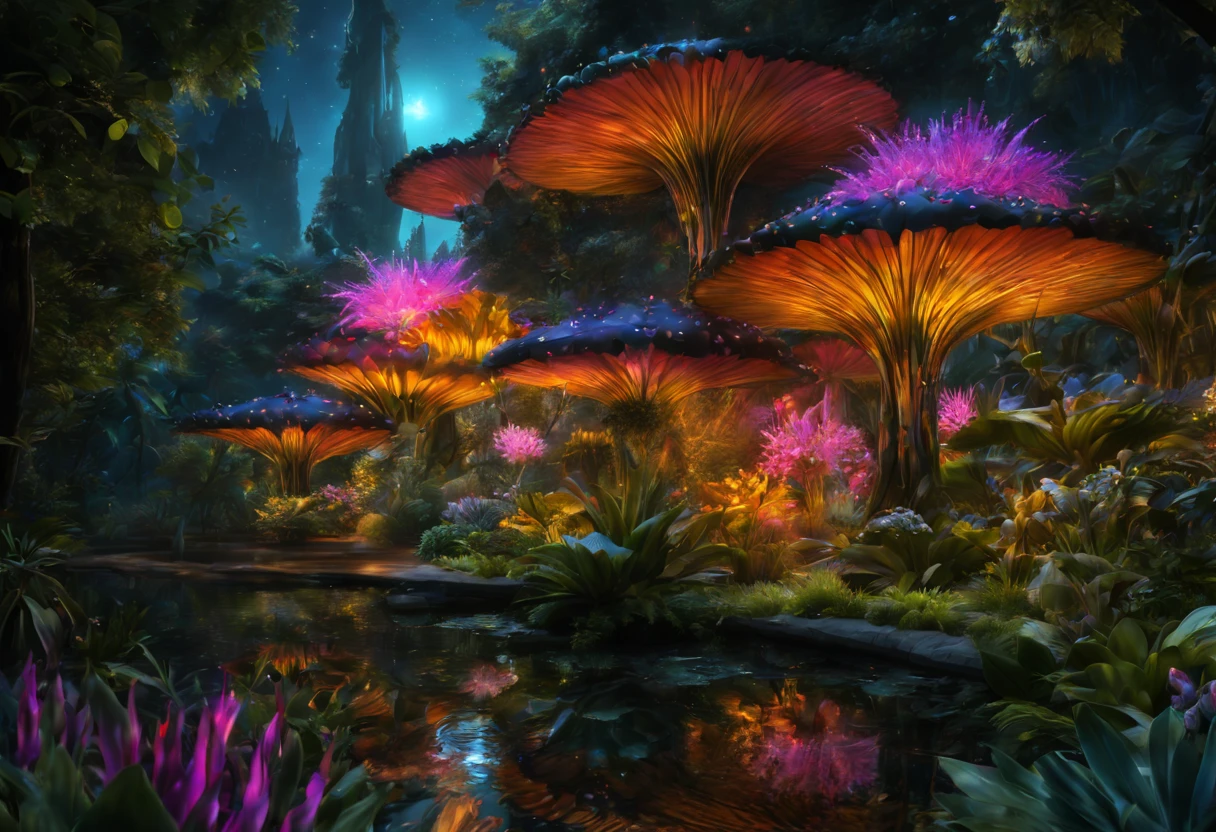 (Best quality, master peace: 1.3), (hyper-detailed, hyper-realistic color: 1.5), A cosmic garden of exotic flora and alien fauna. At night the landscape is illuminated by bioluminescence, perfect composition, Best exposure, (golden ratio: 1.2), 8k, HDR, Dramatic, cinematic lighting, trend on Artstation, trend on CGsociety, Professional oil paint, immense detail, painted like a professional painter