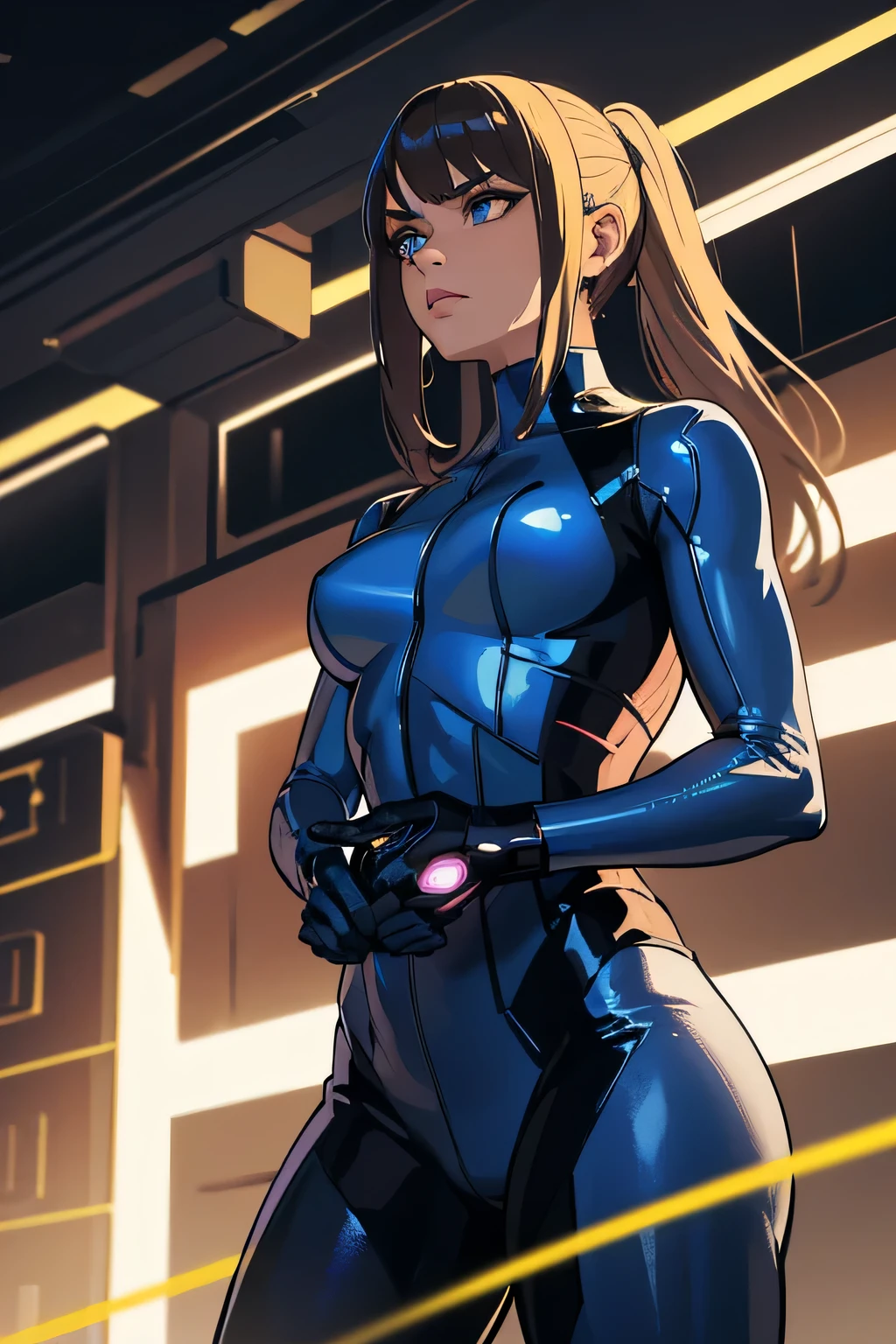 (best quality,4k,8k,highres,masterpiece:1.2),ultra-detailed,(realistic,photorealistic,photo-realistic:1.37),dark zero suit samus,sci-fi,blue and black color scheme,shiny armor,ominous atmosphere,glowing blue eyes,electricity sparks,high-tech background,heroic pose,strong and confident,energy beam weapons,explosions and smoke,alien landscapes,metallic textures,mysterious shadows,laser lights,visceral action,tense and dynamic,aggressive stance,futuristic technology,vibrant colors,vivid and vibrant,studio lighting,sci-fi art,eye-catching composition,harsh contrast,unforgettable and iconic,heroine,battle-ready, brunette, dark skin, black hair