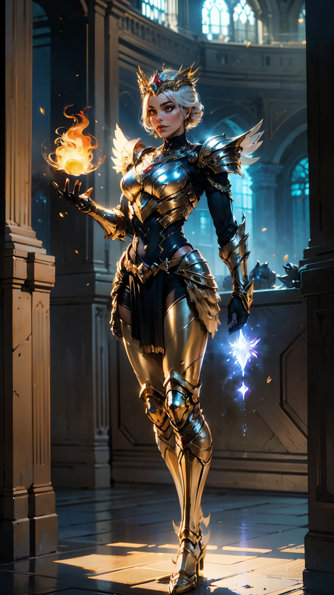 A woman adorned in fantasy-style full-body armor, a crown-concept fully enclosed helmet that unveils only her eyes, a composite layered chest plate, fully encompassing shoulder and hand guards, a lightweight waist armor, form-fitting shin guards, the overall design is heavy-duty yet flexible, (the armor gleams with a golden glow, complemented by red and blue accents), exhibiting a noble aura, she floats above a fantasy-surreal high-tech city, this character embodies a finely crafted fantasy-surreal style armored hero in anime style, exquisite and mature manga art style, (mixture of Queen bee and Spider concept Armor, plasma), ((Element, elegant, goddess, femminine:1.5)), metallic, high definition, best quality, highres, ultra-detailed, ultra-fine painting, extremely delicate, professional, anatomically correct, symmetrical face, extremely detailed eyes and face, high quality eyes, creativity, RAW photo, UHD, 32k, Natural light, cinematic lighting, masterpiece-anatomy-perfect, masterpiece:1.5