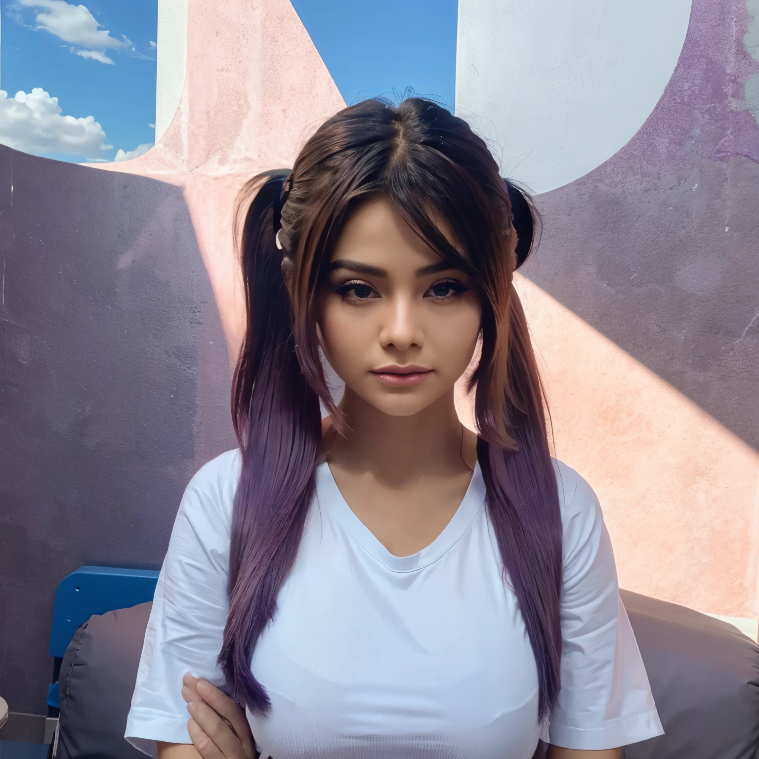 Arafed woman with purple hair and a white shirt posing for a picture -  SeaArt AI