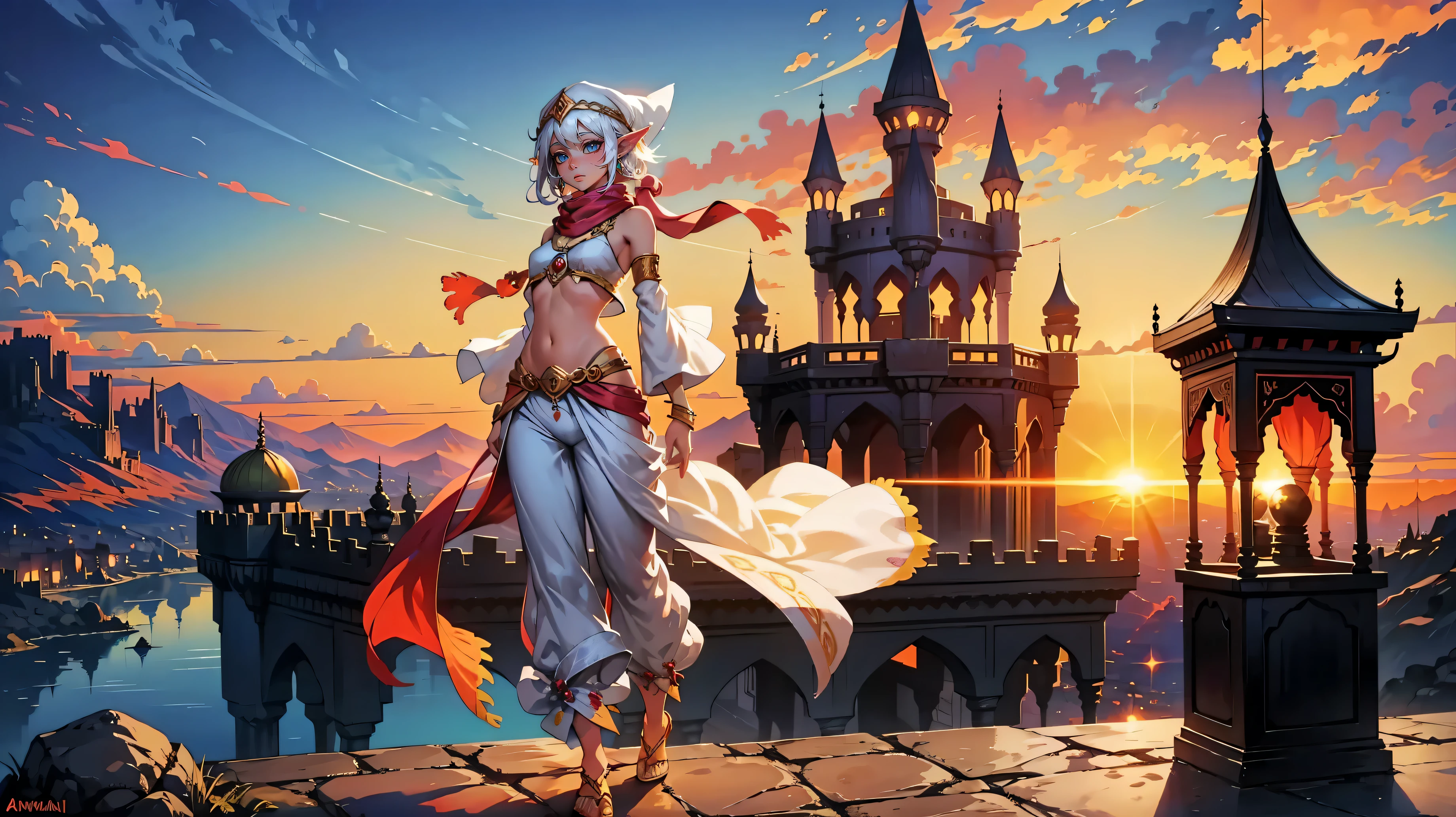 sunrise,colorful sunrise,female ,white hair ,full body,elf girl, jewels , arabian clothes ,harem pants,turban on head, arabian nights influenced,vibrant colors,vivid light arabian castle,sky clouds
