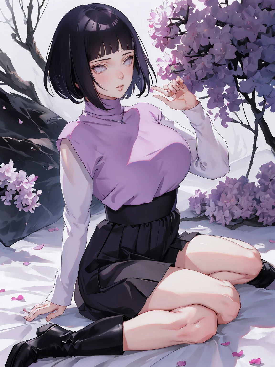 { - anatomy error} (Masterpiece - Ultra-detailed, very high resolution) (huge titusty, masterpiece, absurdres, hinata\(boruto\), 1girl, solo,mature female, lilac turtleneck blouse, high waist black long skirt, looking at viewelling petals), perfect composition, detailed lips, big breast, beautiful face, body propotion, blush, (pink lips), short hair, (black hair), purple eyes, soft gaze, super realistic, detailed, photoshoot, realistic face and body, closed mouth , lilac eyes, full body, sitting on the floor , backwards, looking back, black boots, hidden hands, perfect fingers, inocent face