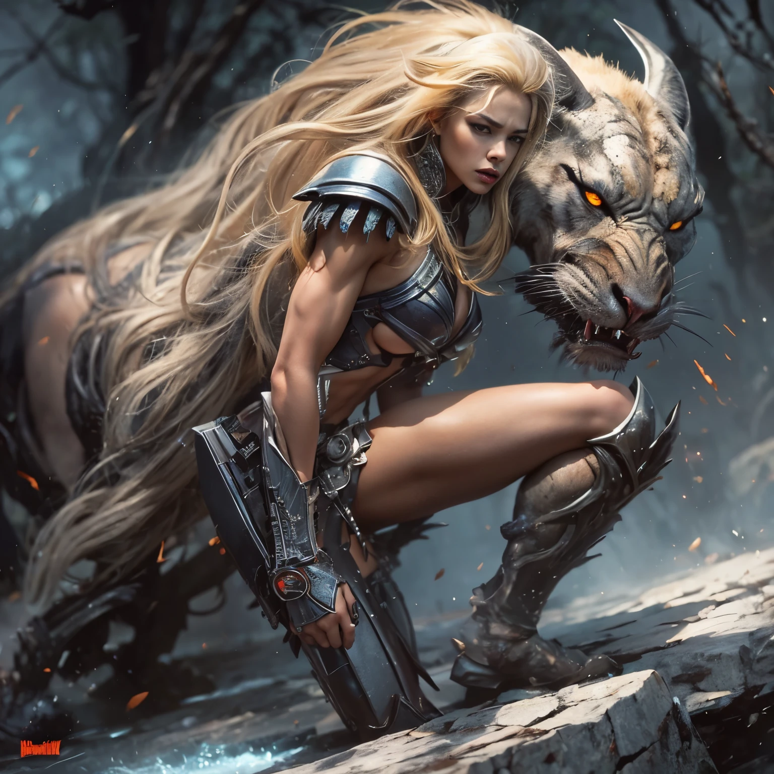 1 female alien, The predator, warrior, (extremely beautiful:1.2), (intense gaze:1.4), (predator:1.1), long dark claws, NSFW,  nipples, thick eyebrows, glowing and shining orange eyes, the most beautiful face in the universe, platinum blonde,

A woman with an extremely beautiful face, her intense gaze fixed on her prey, a primal force that could not be denied.

(extreamly beautiful lean body:1.5), (ultra muscular build:1.2), (prowling:1.3), (sleek movements:1.4),

Her beautiful body, muscular and toned, moved with sleek grace as she prowled, ready to strike at a moment's notice. The predator within her was always on