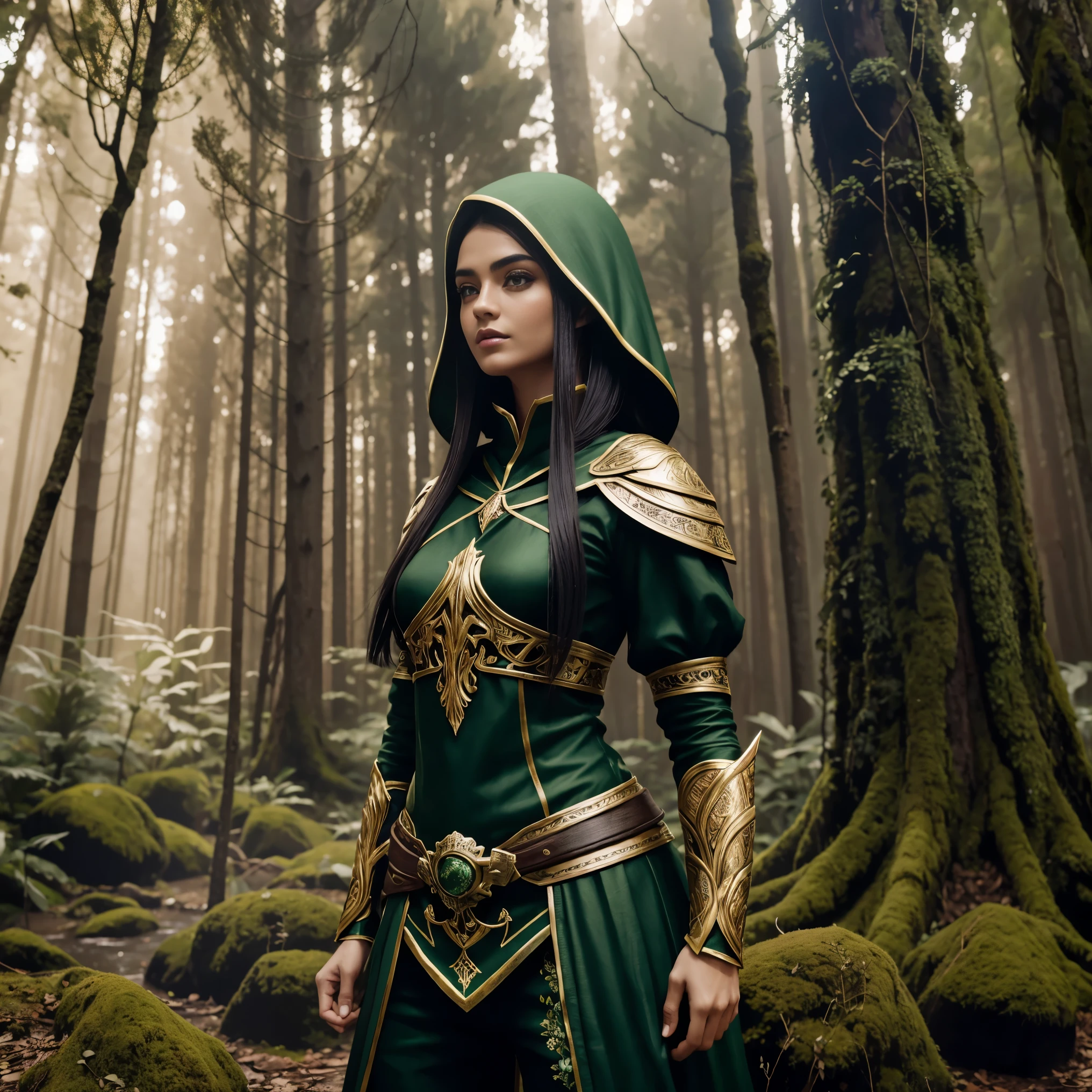 cute forest elf, Face pretty, nice body, Bblack hair, wearing armor, green cloak, at a forest, 8K, extremely detaild, ultra realisitic