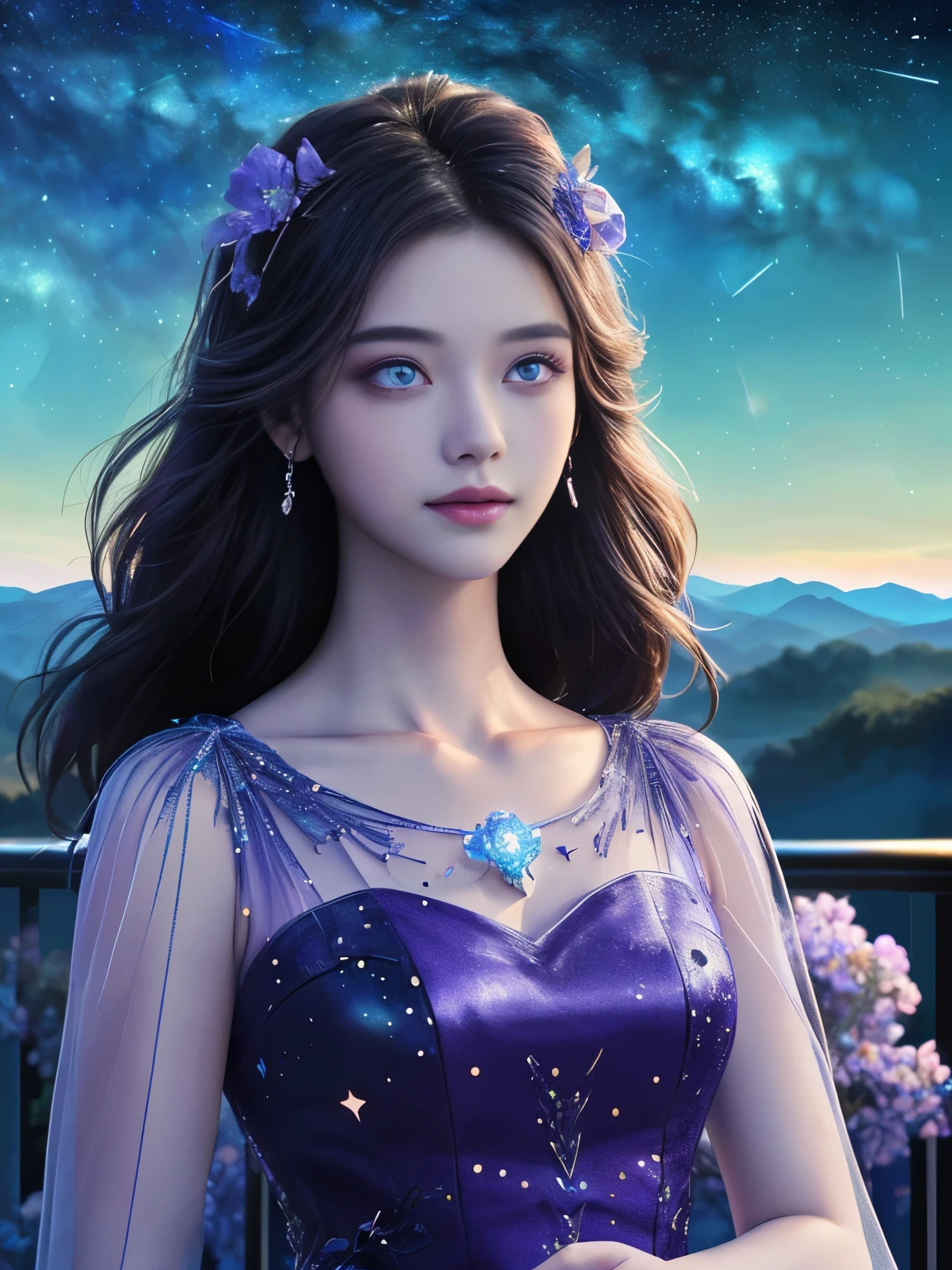 (best quality,highres,ultra-detailed,masterpiece:1.2),illustration,solo,figure,body,flowers,gazing towards the audience,beautiful detailed purple eyes,gem-like eyes,extremely detailed eyes and face,stars (sky),constellation,purple energy,railing,shooting star