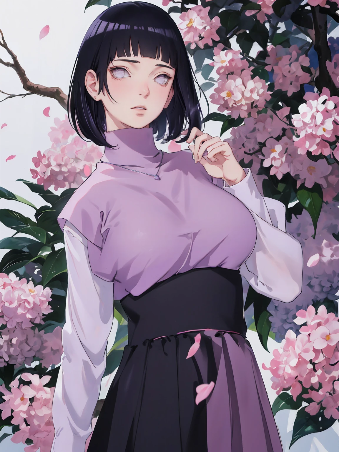 { - anatomy error} (Masterpiece - Ultra-detailed, very high resolution) (huge titusty, masterpiece, absurdres, hinata\(boruto\), 1girl, solo,mature female, lilac turtleneck blouse, high waist black long skirt, looking at viewelling petals), perfect composition, detailed lips, big breast, beautiful face, body propotion, blush, (pink lips), short hair, (black hair), purple eyes, soft gaze, super realistic, detailed, photoshoot, realistic face and body, closed mouth , lilac eyes, full body, upper body , backwards, looking back, with chin resting on shoulder, hidden hands, perfect fingers, inocent face