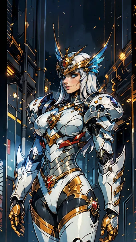 A woman adorned in fantasy-style full-body armor, a crown-concept fully enclosed helmet that unveils only her eyes, a composite ...