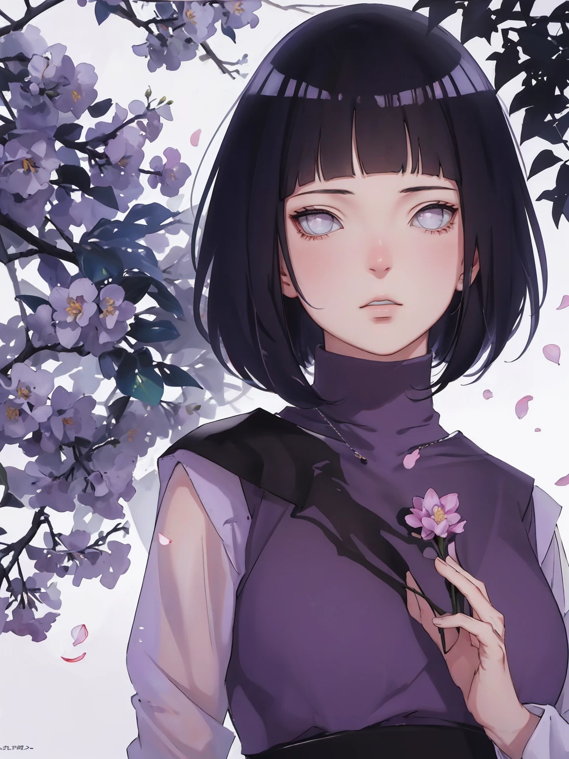 { - anatomy error} (Masterpiece - Ultra-detailed, very high resolution) (huge titusty, masterpiece, absurdres, hinata\(boruto\), 1girl, solo,mature female, lilac turtleneck blouse, high waist black long skirt, looking at viewelling petals), perfect composition, detailed lips, big breast, beautiful face, body propotion, blush, (pink lips), short hair, (black hair), purple eyes, soft gaze, super realistic, detailed, photoshoot, realistic face and body, closed mouth , lilac eyes, full body, upper body , backwards, looking back, with chin resting on shoulder, hidden hands, perfect fingers, inocent face