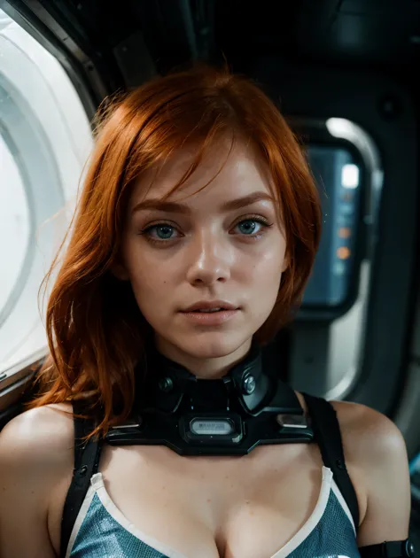 photo of a ginger woman, in space, futuristic space bra, (freckles:0.8) cute face, sci-fi, dystopian, detailed eyes, blue eyes
