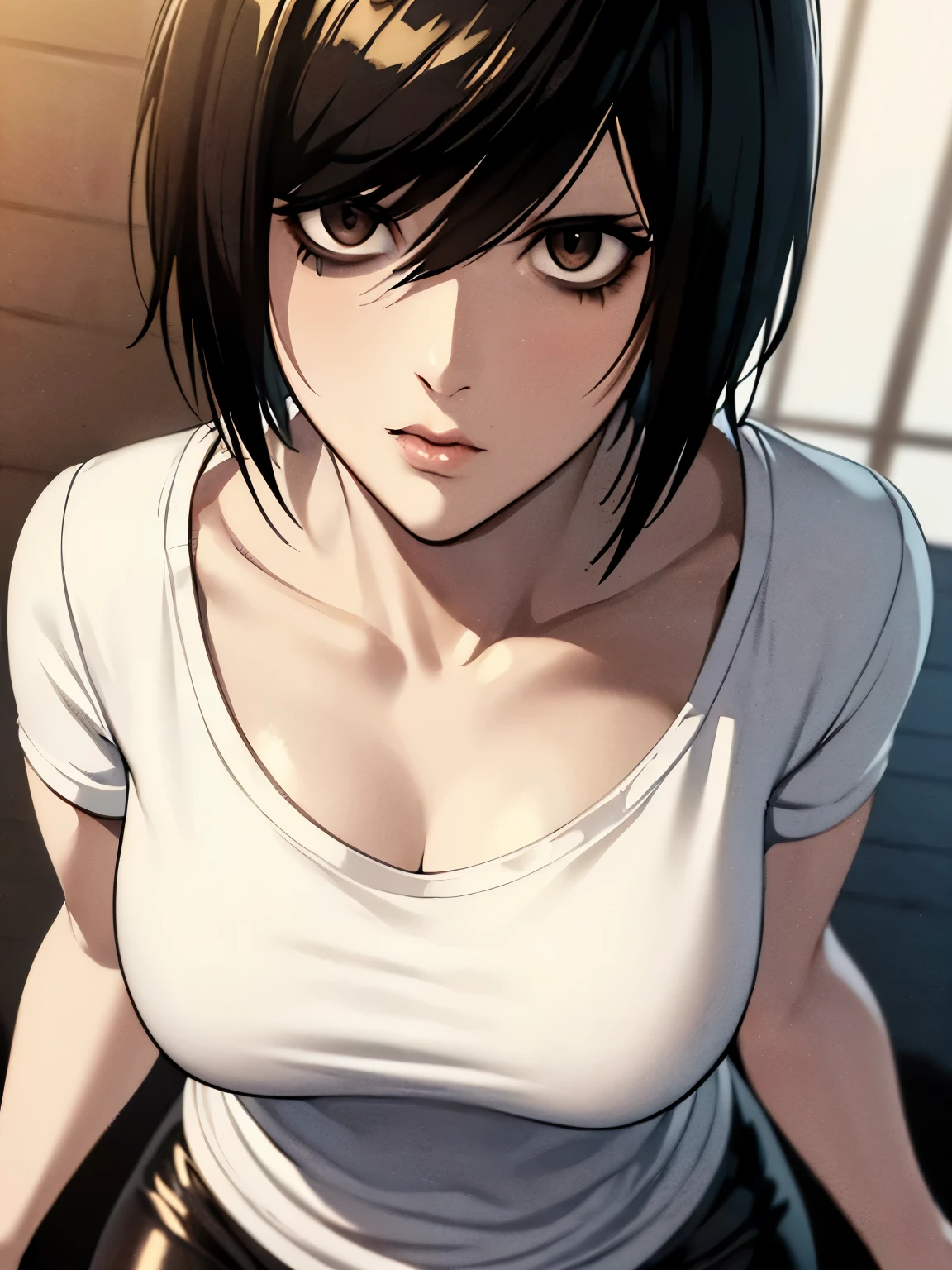 ((ultra quality)), ((Masterpiece)), L Lawliet Death Note, (Female version), ((Black short hair)), (Beautiful face), (beautiful female lips), (), charming, ((neutral facial expression)), looks at the camera, (Skin color white), (White skin), glare on the body, ((Detailed eyes)), ((Brown eyes)), (juicy female lips), (dark eyeliner), (beautiful female hands), ((Ideal female figure)), Ideal female body, beautiful waist, beautiful hips, Medium breasts, ((subtle and beautiful)), seductive sitting (), (wearing a white T-shirt and black pants) background: dark apartment, ((depth of field)), ((high quality clear image)), (clear details), ((High detail)), realistically, professional photo session, ((Clear Focus))