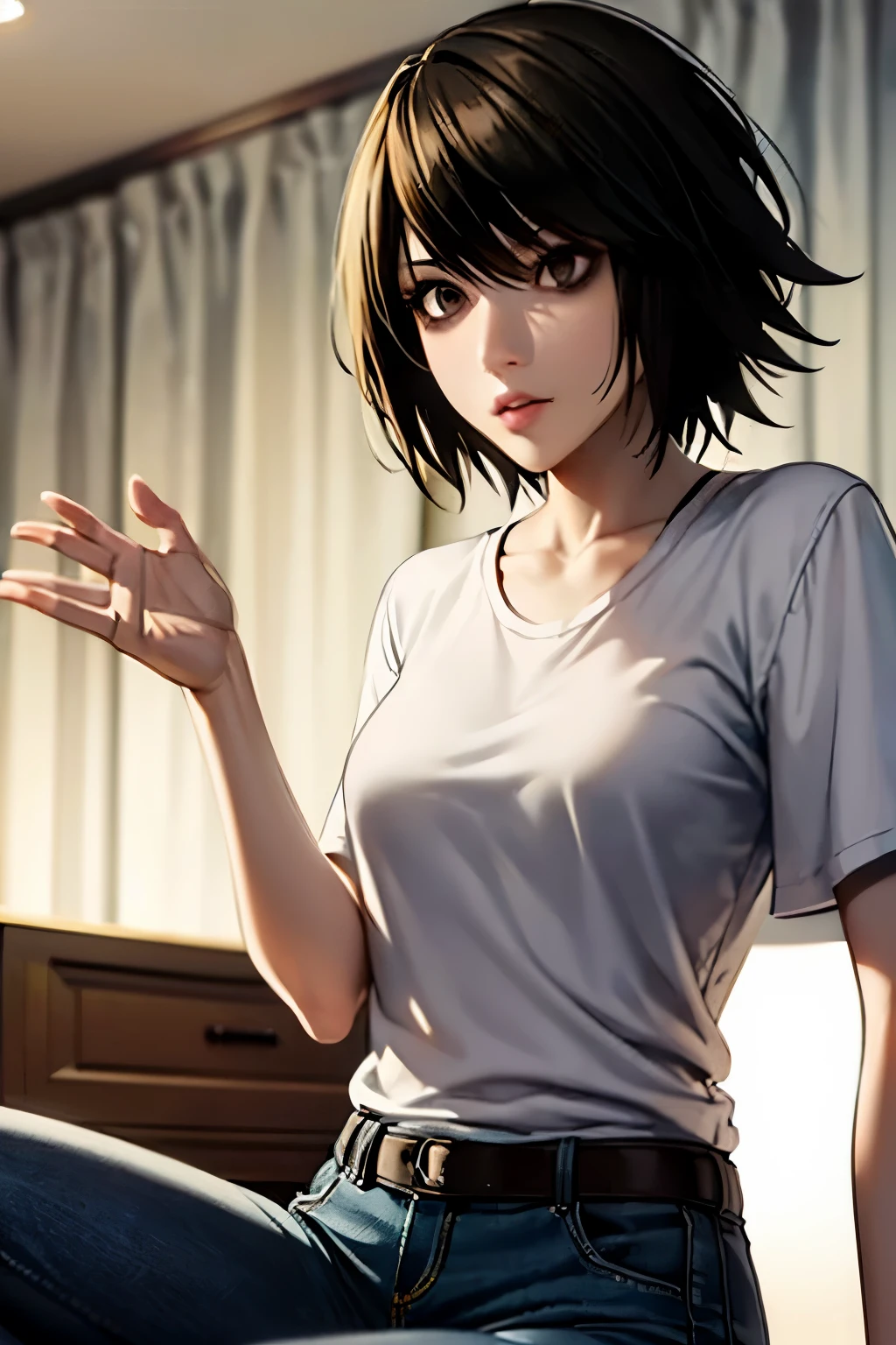 ((ultra quality)), ((Masterpiece)), L Lawliet Death Note, (Female version), ((Black short hair)), (Beautiful face), (beautiful female lips), (), charming, ((neutral facial expression)), looks at the camera, (Skin color white), (White skin), glare on the body, ((Detailed eyes)), ((Brown eyes)), (juicy female lips), (dark eyeliner), (beautiful female hands), ((Ideal female figure)), Ideal female body, beautiful waist, beautiful hips, Medium breasts, ((subtle and beautiful)), seductive sitting (), (wearing a white T-shirt and black pants) background: dark apartment, ((depth of field)), ((high quality clear image)), (clear details), ((High detail)), realistically, professional photo session, ((Clear Focus))