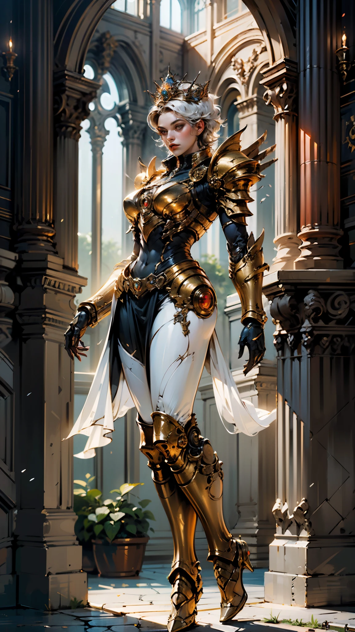 A woman adorned in fantasy-style full-body armor, a crown-concept fully enclosed helmet that unveils only her eyes, a composite layered chest plate, fully encompassing shoulder and hand guards, a lightweight waist armor, form-fitting shin guards, the overall design is heavy-duty yet flexible, (the armor gleams with a golden glow, complemented by red and blue accents), exhibiting a noble aura, she floats above a fantasy-surreal high-tech city, this character embodies a finely crafted fantasy-surreal style armored hero in anime style, exquisite and mature manga art style, (mixture of Queen bee and Spider concept Armor, plasma), ((Element, elegant, goddess, femminine:1.5)), metallic, high definition, best quality, highres, ultra-detailed, ultra-fine painting, extremely delicate, professional, anatomically correct, symmetrical face, extremely detailed eyes and face, high quality eyes, creativity, RAW photo, UHD, 32k, Natural light, cinematic lighting, masterpiece-anatomy-perfect, masterpiece:1.5