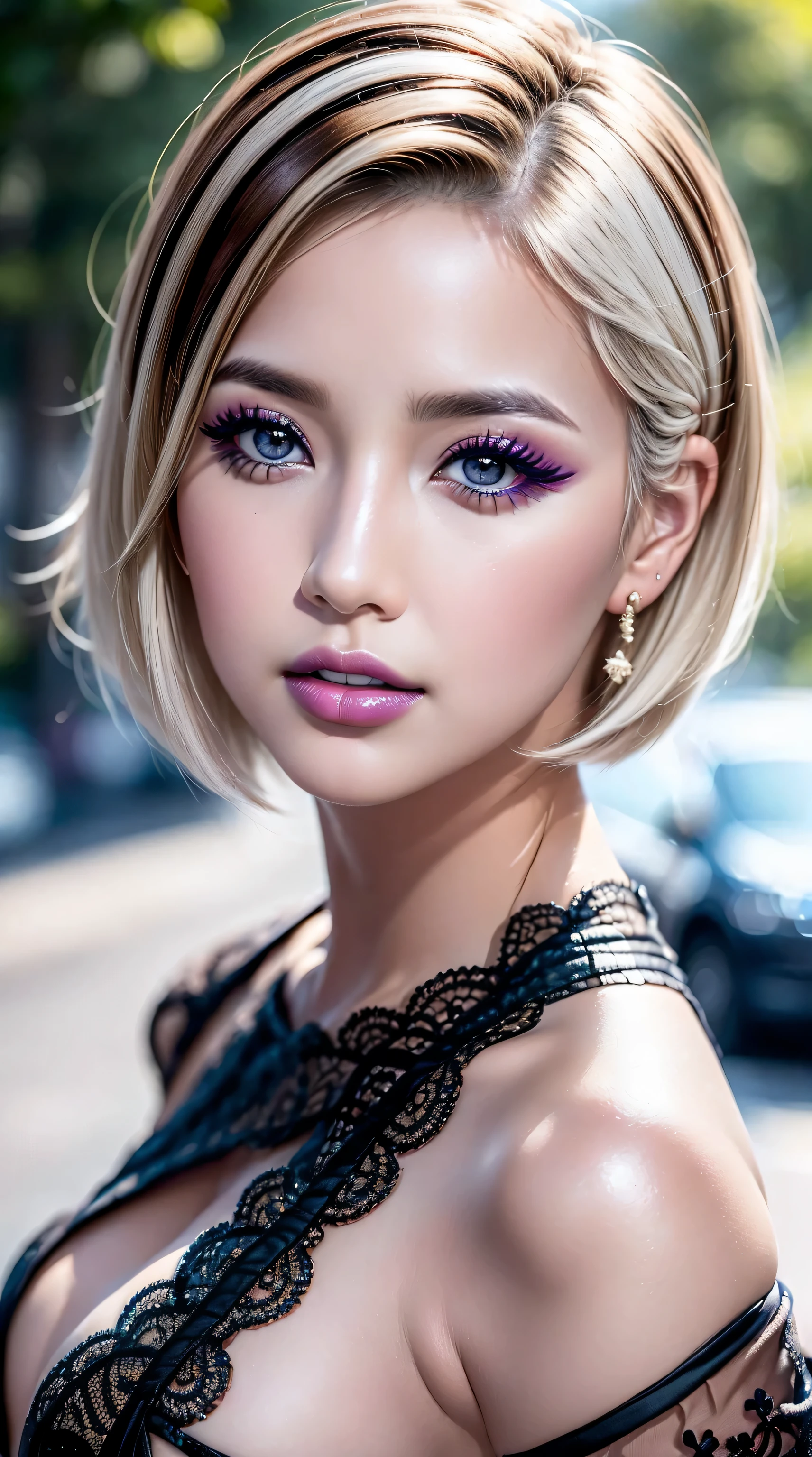 ((perfect round eyes))、dressed, (photo realistic:1.7), (realistic:1.7), (smoother lighting:1.05), (increase cinematic lighting quality:0.9), 16K, 1girl,25yo girl, realistic lighting, backlighting, light on face, ray trace, (brightening light:1.2), (Increase quality:1.2), (best quality real texture skin:1.4), ((finely detailed eyes)), finely detailed face, ((finely quality eyes)), (tired and sleepy and satisfied:0.0), ((face closeup:1.3)), (detailed lips:1.33)、(Detailed nose:1.2)、bikini, korean girl, (Increase body line mood:1.1), (Increase skin texture beauty:1.18), (pink_makeup:1.3), (2 long_blue_eyeliner:1.15), red_lipstick:1.38、there a close up of a woman's ((eye with a digital rendering)), (perfect dark_violet_eyeshadows:1.3), ((detailed makeup on eyes:1.25)), iridescent eyes, with professional makeup, vibrant eyes:1.2, ((Glamour, paparazzi taking pictures of her), (very complicated Extravagant street outfit), The attention to detail, Double eyelids, Wear an off-the-shoulder top, full bodyesbian，((White short hair:1.33)), ((brown_eyes:1.5)), UHD, Extremely detailed, voluminetric warm lighting,