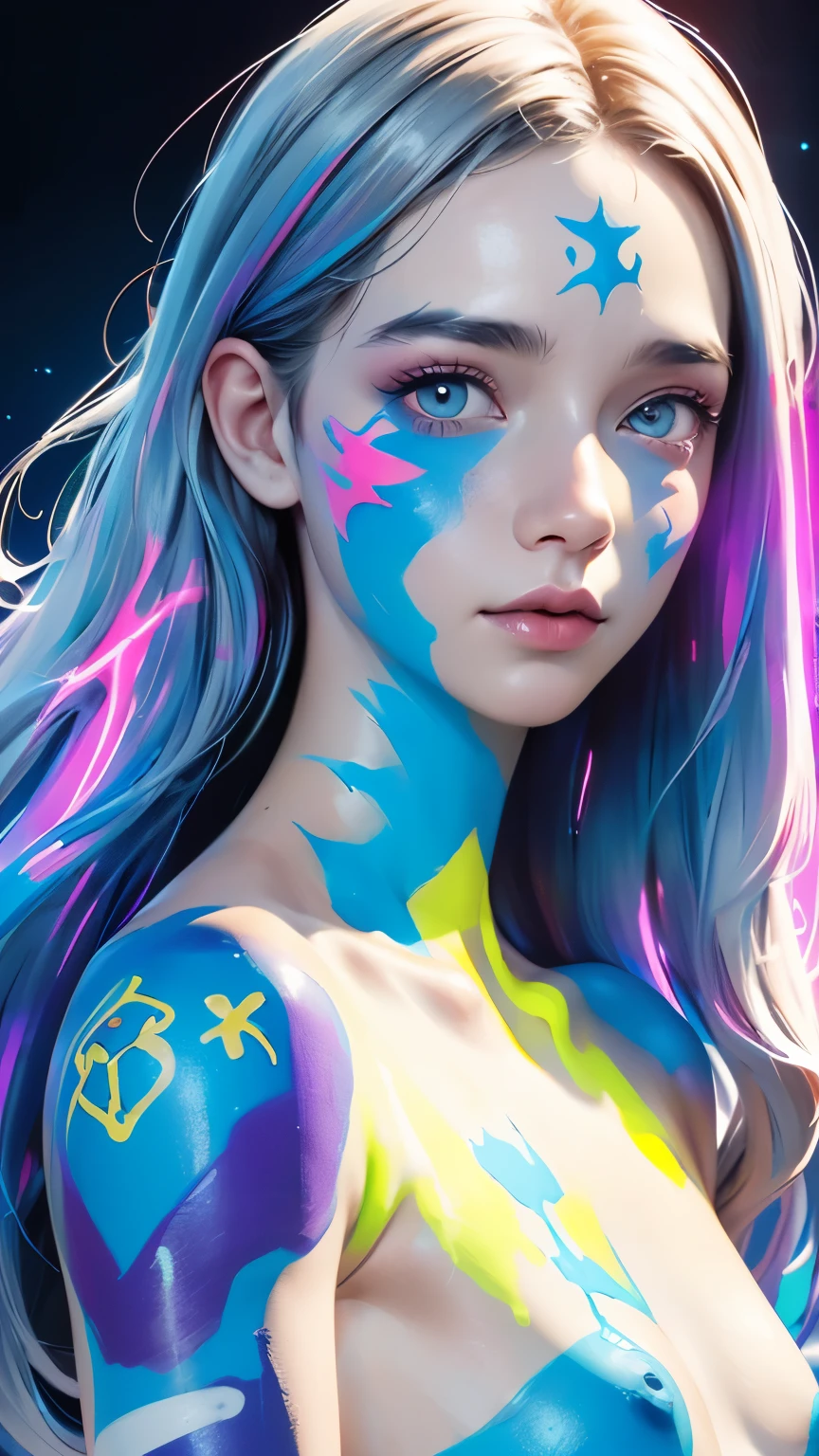 one girl、perfect anatomy、perfect style、no makeup、(((luminous paint、body paint)))、white face:1.3、symbolizes the beauty of women、(Super detailed,ultra high resolution,detailed background),((2D)),((flat color)),((colorful))