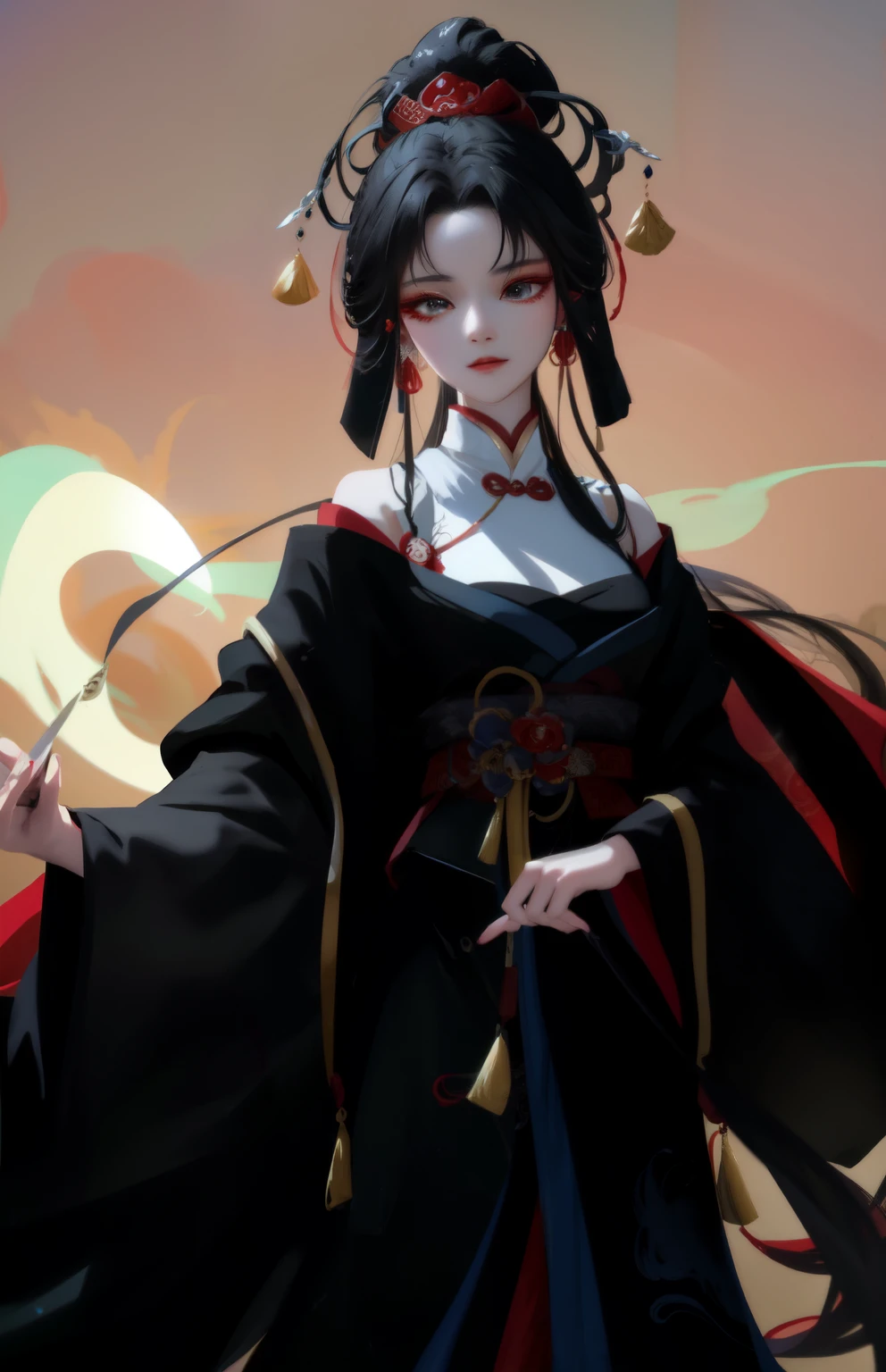 One wearing a black dress、Close-up of a woman in a red cloak, Astral Witch Clothes, Inspired by Luo Mu, flowing magic robe, full body xianxia, Popular topics on cgstation, Flowing robes, Inspired by Ma Yuanyu, Complex and gorgeous anime CGI style, Inspired by Wang Meng, Inspired by Puhua, guweiz, style anime