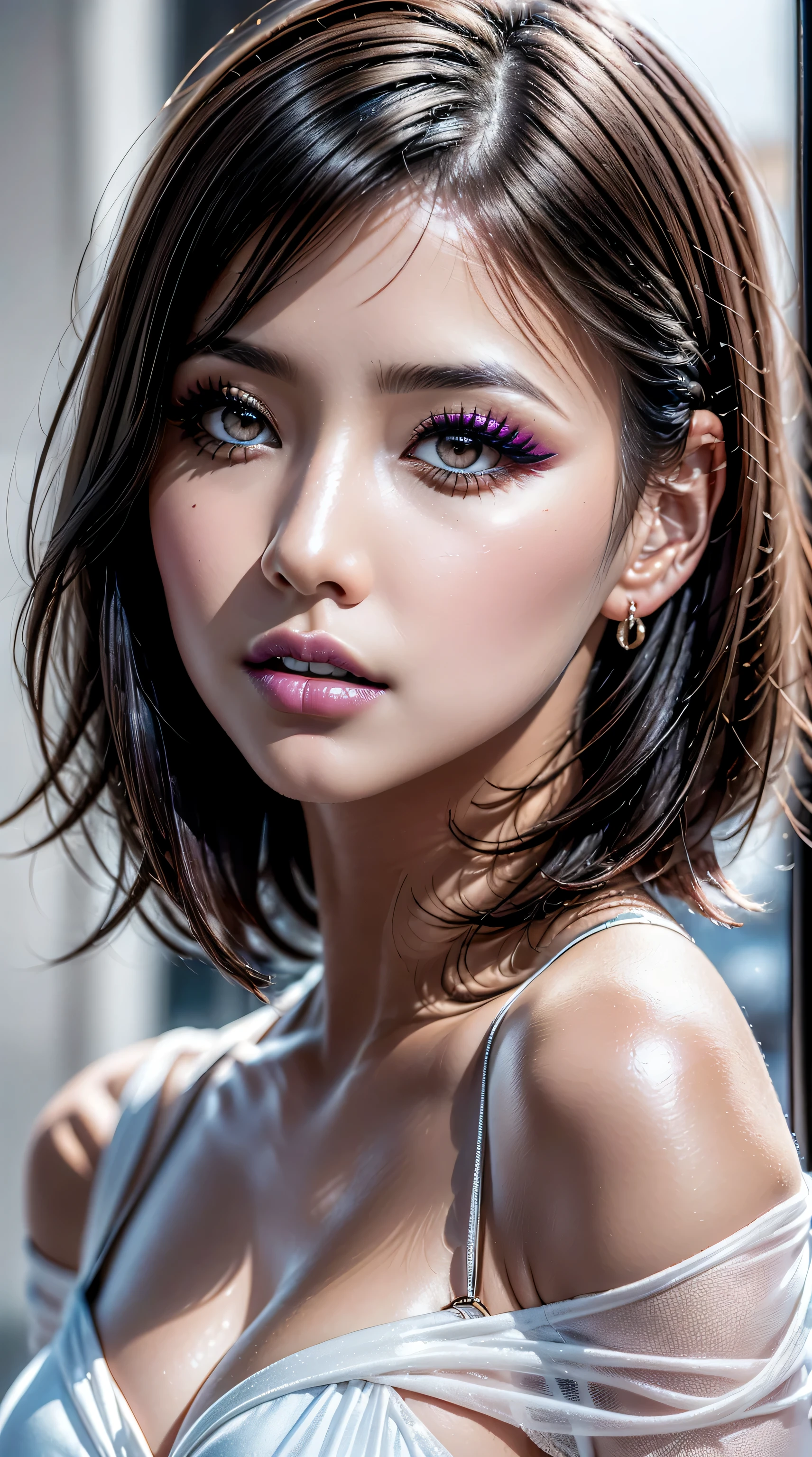 ((perfect round eyes))、dressed, (photo realistic:1.7), (realistic:1.7), (smoother lighting:1.05), (increase cinematic lighting quality:0.9), 16K, 1girl,25yo girl, realistic lighting, backlighting, light on face, ray trace, (brightening light:1.2), (Increase quality:1.2), (best quality real texture skin:1.4), ((finely detailed eyes)), finely detailed face, ((finely quality eyes)), (tired and sleepy and satisfied:0.0), ((face closeup:1.3)), (detailed lips:1.33)、(Detailed nose:1.2)、bikini, korean girl, (Increase body line mood:1.1), (Increase skin texture beauty:1.18), (pink_makeup:1.35), (2long_blue_eyeliner:1.25), red_lipstick:1.38、there a close up of a woman's ((eye with a digital rendering)), ((perfect dark_purple_eyeshadows:1.26)), ((detailed makeup on eyes:1.3)), iridescent eyes, with professional makeup, vibrant eyes:1.2, ((Glamour, paparazzi taking pictures of her), (very complicated Extravagant street outfit), The attention to detail, Double eyelids, Wear an off-the-shoulder top, full bodyesbian，((White short hair:1.33)), ((brown_eyes:1.5)), contrast、 (dark shot:1.08)、 UHD, Extremely detailed, voluminetric warm lighting,