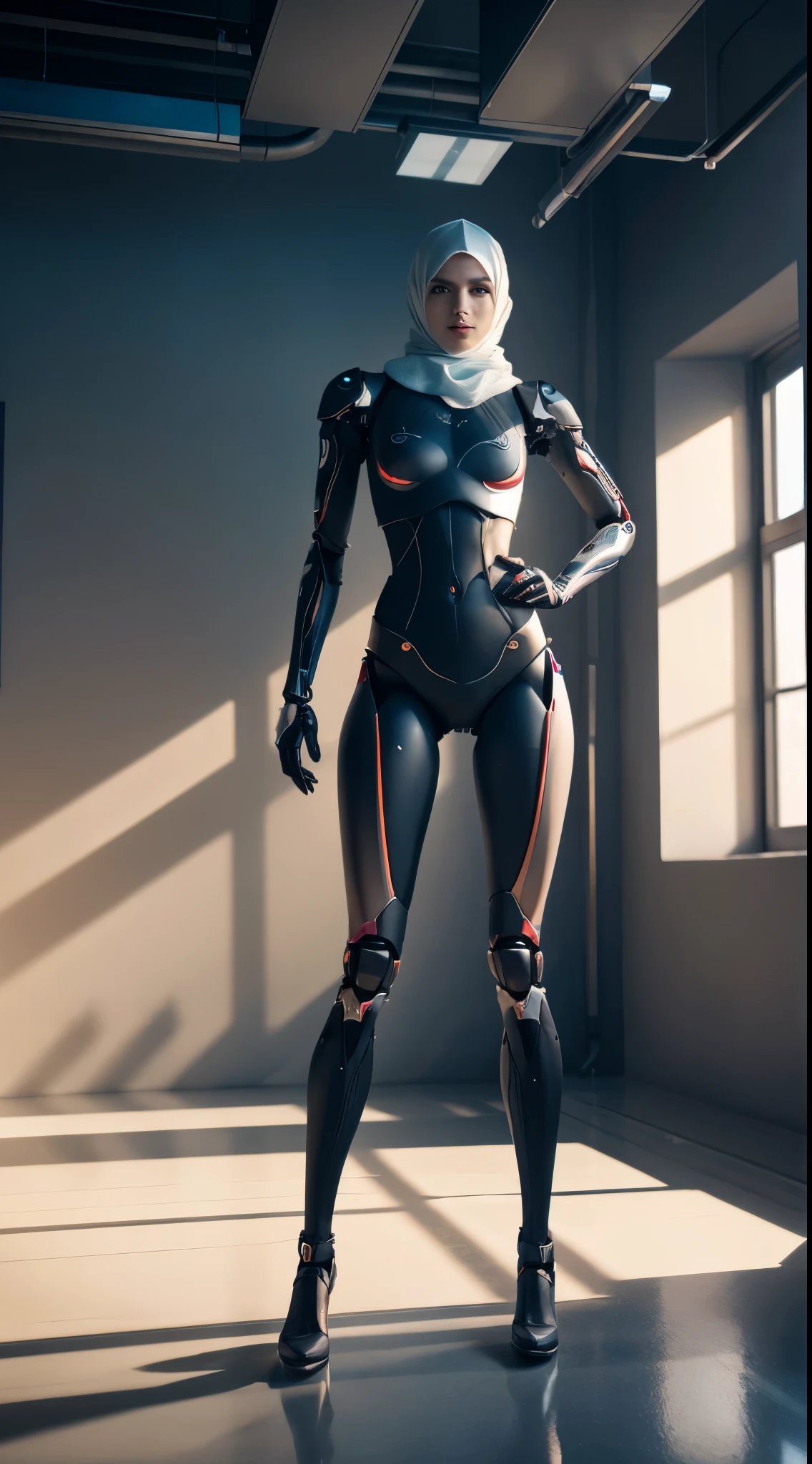 A woman in a futuristic suit standing in a room - SeaArt AI