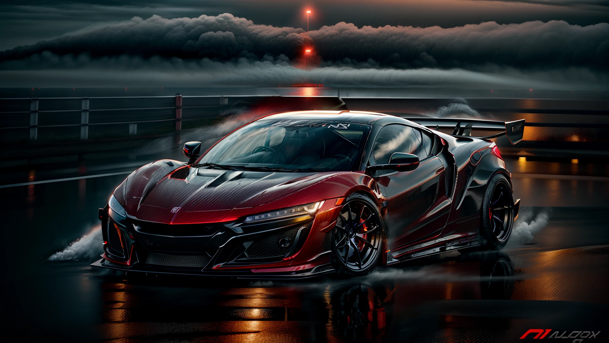 red sports car driving on a wet road with smoke coming out of it, honda nsx, automotive photography, vehicle photography, motorsports photography, portrait shot, best on adobe stock, red and cinematic lighting, full view of a sport car, mclaren, auto photography, hyper real render, artistic render, desktop background, cinematic front shot, high quality wallpaper