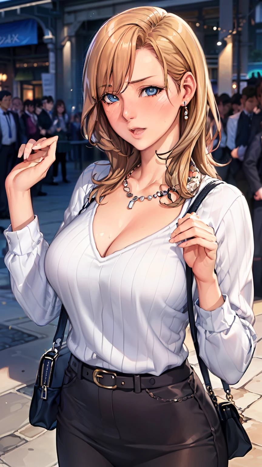 ((masterpiece, highest quality, High resolution, Hmm, RTX, perfect pixel, Depth of the bounds written, 4k, very detailed))), 1 girl, single, alone, beautiful anime girl, beautiful art style, anime character, ((long hair, parted bangs, middle part bangs, blonde hair)), ((blue eyes:1.4, round eyes, beautiful eyelashes, realistic eyes)), ((detailed face, blush:1.2)), ((smooth texture:0.75, realistic texture:0.65, realistic:1.1, Anime CG style, Bright colors)), ((medium breasts, cleavage:0.9, Big breasts)), dynamic angle, perfect body, ((throw, dynamic pose, close)), ((white sweater, long sleeve, black skirt, Women's Belts, Snazzy, single handbag, 1 Diamond Necklace)), open your mouth, embarrassing, amusement park