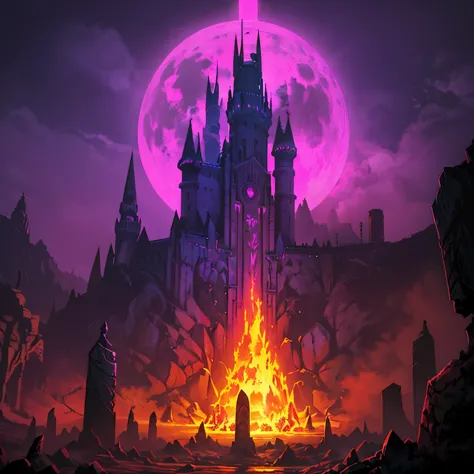 Hell, black sky, castle, burning souls, purple fire, destructive aura