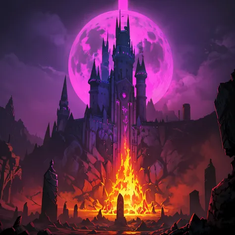 hell, black sky, castle, burning souls, purple fire, destructive aura