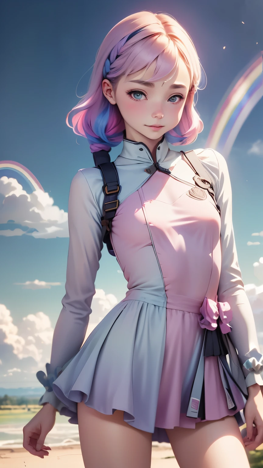 one girl、１２talent、Magical girl、anatomy、french braid、anime style、small breasts、cute face、cute clothes、combat uniform、、(((The background is pastel colored clouds:1.5、rainbow、blurred background)))、highest quality、High resolution、High resolution、cinematic lighting、professional photographer