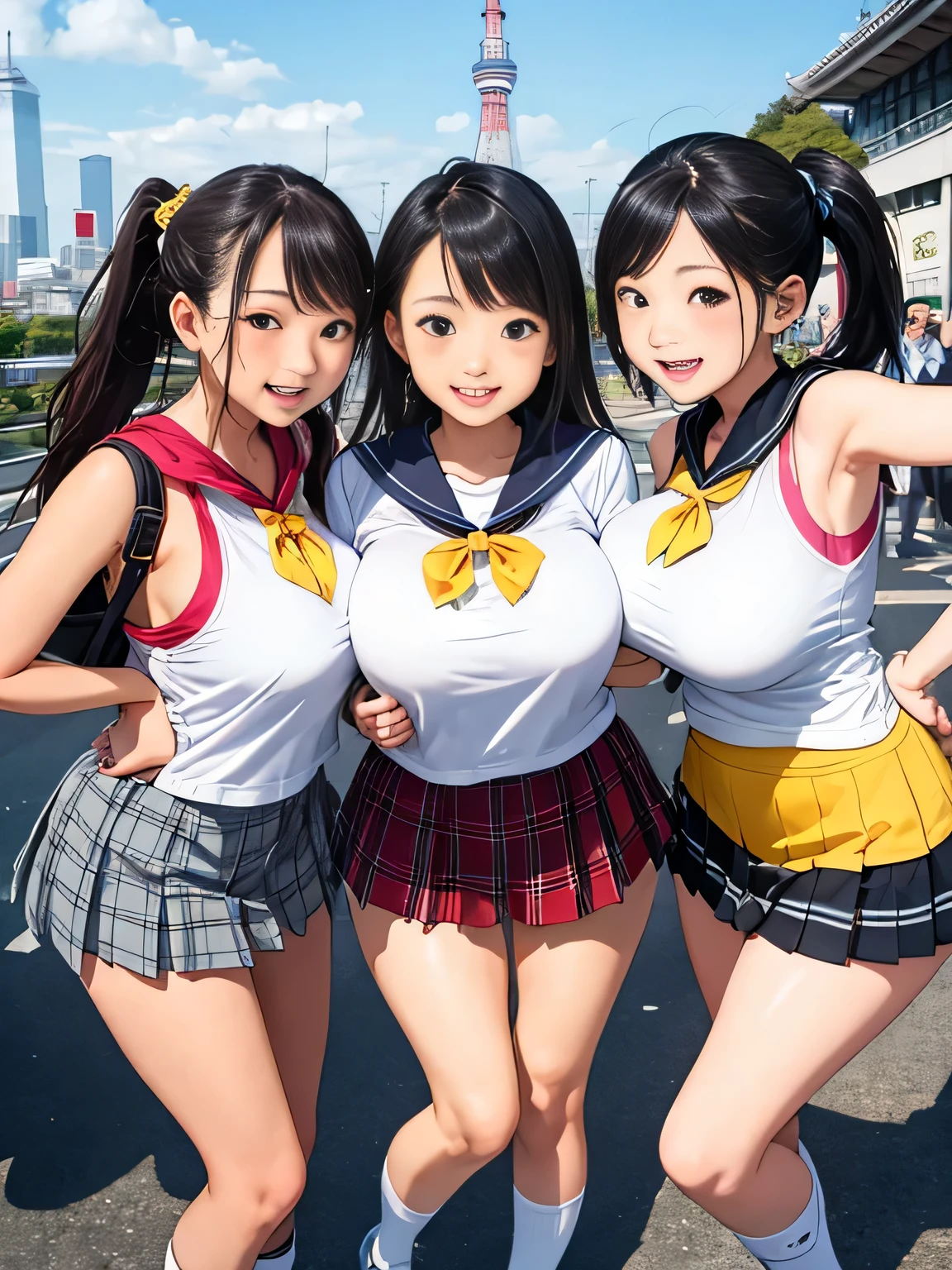 highest quality、High resolution、detailed background、beautiful and detailed face、beautiful and smooth skin、skin texture、professional lighting、Beautiful teenage girl、((three women))、(huge breasts: 1.2)、

short sailor suit、Pleated mini skirt with tartan plaid pattern、side pony、ponytail、cute hairstyle、白いニーhigh socks、high socks、
school trip、laughter、smile、sexual expression、Tokyo Tower、Sky tree、Sensoji Temple、You can also take photos with famous landmarks and symbols of your travel destination.、Take group and individual photos at famous tourist spots、
Enjoy panoramic views、Pose with buildings and landscapes in the background、