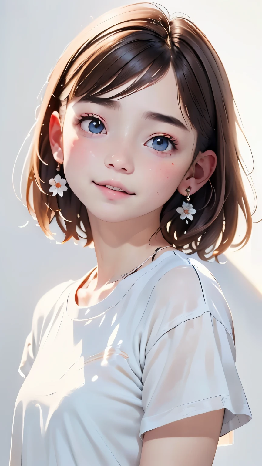 portrait、masterpiece:1.3、one girl、baby face、natural look、very cute、brown hair、short bob、small red earrings、plump lips、no makeup、white t-shirt、focus on the face、最high quality、High resolution、Super detailed、high quality、Detailed details、８ｋ、(((blurred background、white wall、white background、White world、flower illustration、flower illustrationの壁、壁にflower illustration、flower illustrationが描いてある壁、Photo studio:1.5、cinematic lighting、professional photographer)))