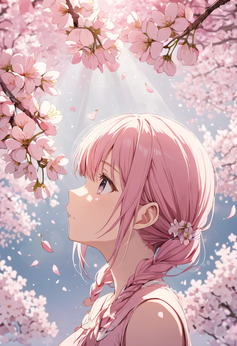 cherry_flowering, come down_petal, alone,1 girl,Upper body, looking at the audience,