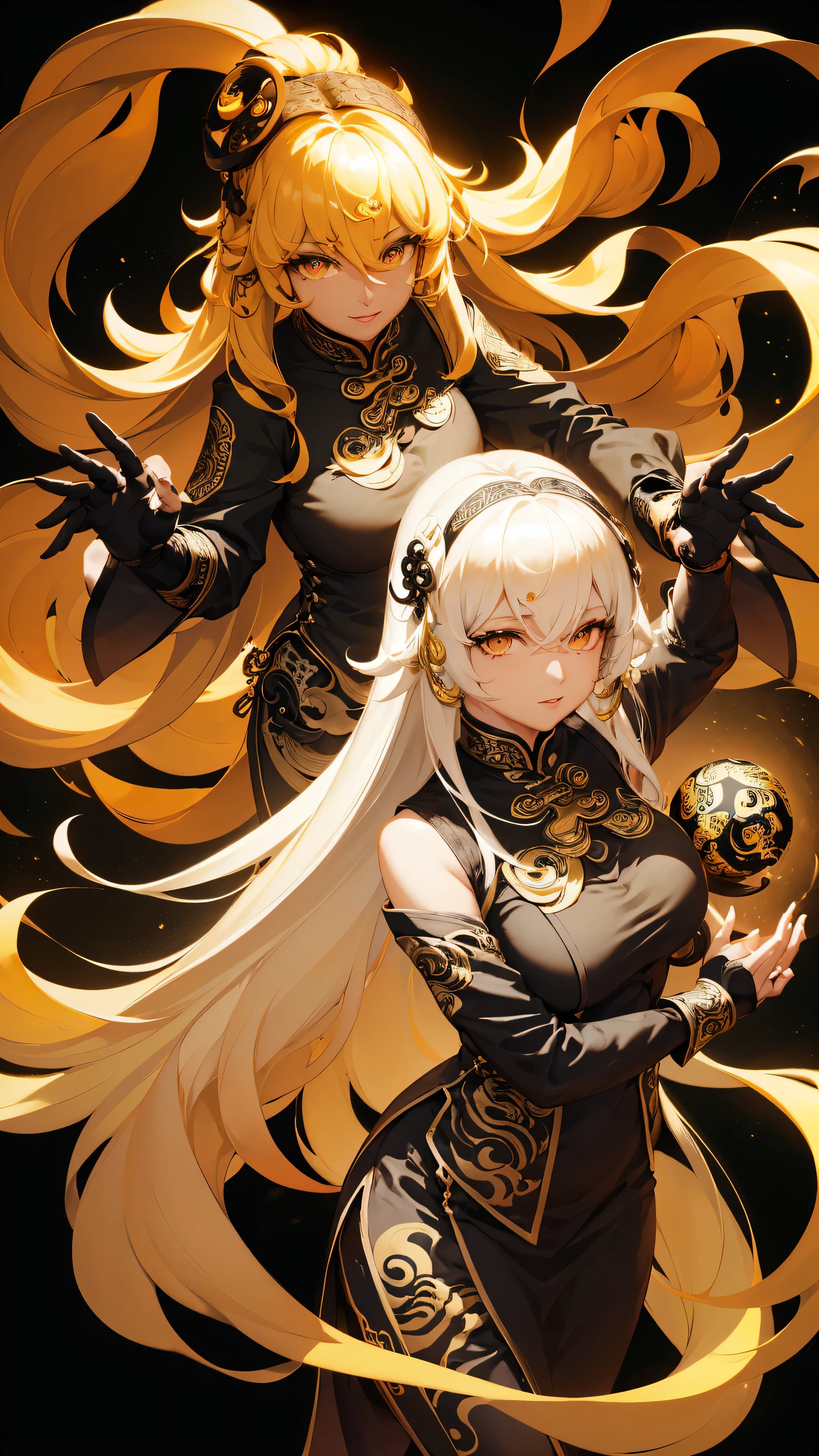 Woman, wearing the left side of the shirt which is black and has a crescent moon pattern and the right side is gold with a golden sun pattern, her left hand holds a dark purple black ball And resembling a black hole, the right hand holds a golden ball with a single eye pattern emitting golden light, Ying and yang. Hair is white on the left side and black on the right side.HD lighting and dark )<=(epic image quality)dark atmosphere with bright particle light(many effects in background)(((Got 10 big Kung fu 20 rings on my wrist)))