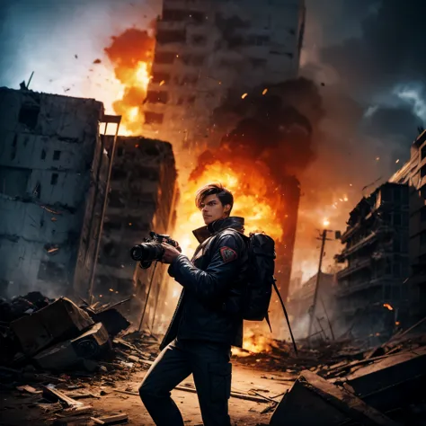 man in front of the camera in a heroic pose from a 90s film, in the background cinematic explosions, light in blue tones, low li...