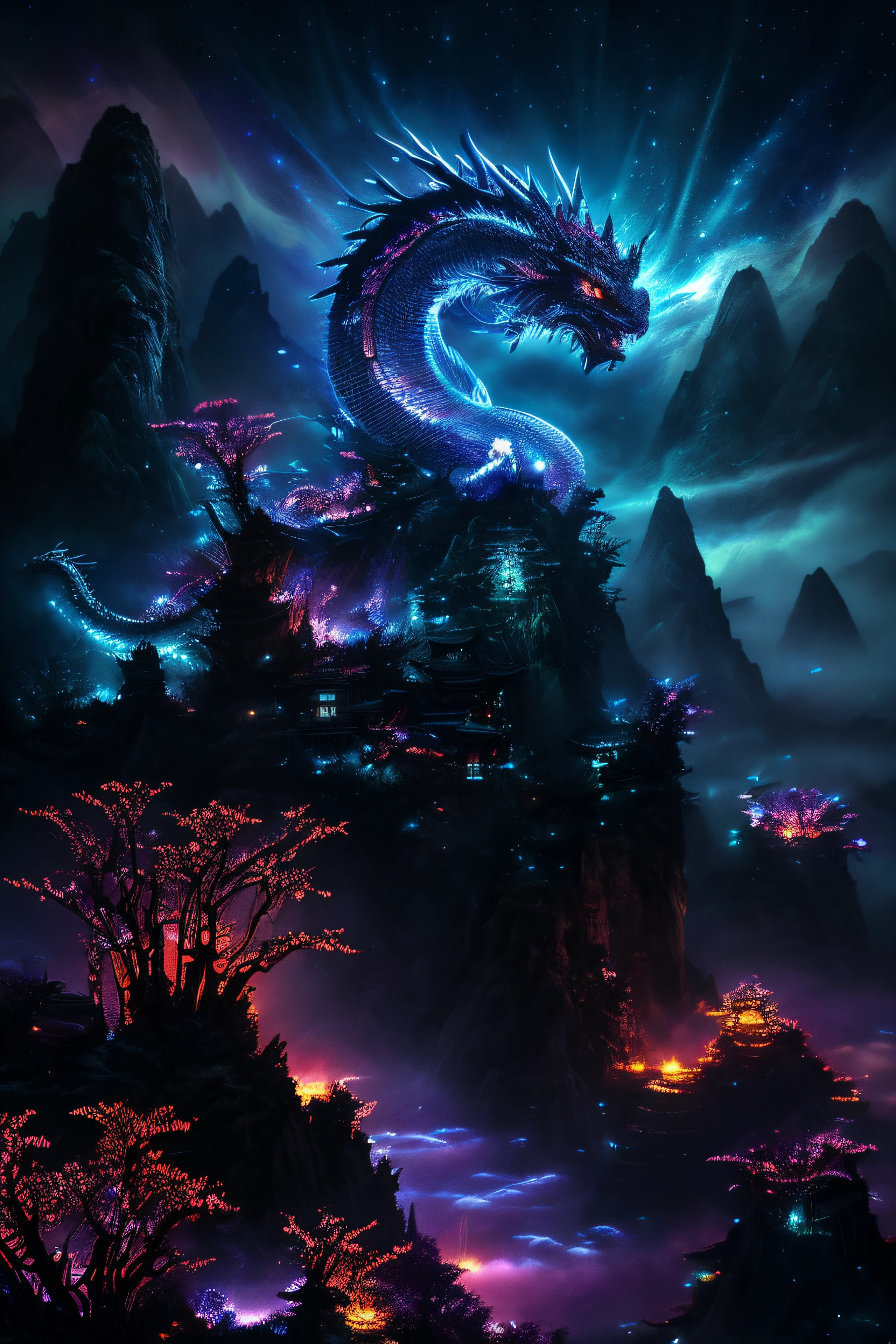 Chinese dragon, majestic noite, escalas detalhadas, olhos brilhantes, nuvens rodopiantes, powerful presence, mystical aura, mystical art, arte tradicional, cores vivas, Atmospheric lighting, ((noite))