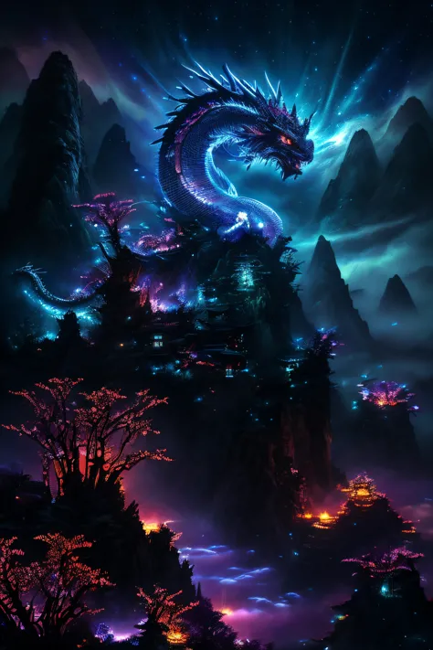 Chinese dragon, majestic noite, escalas detalhadas, olhos brilhantes, nuvens rodopiantes, powerful presence, mystical aura, myst...