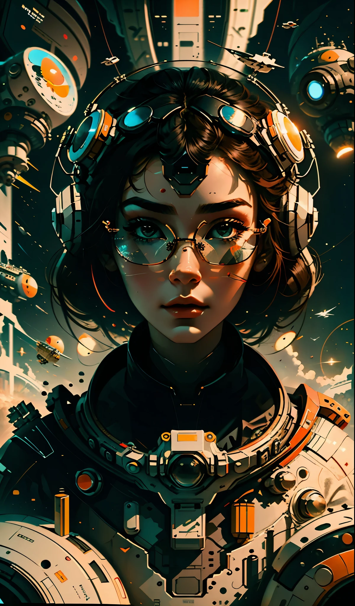 masterpiece, best quality, 1girl, space thriller movie poster, Bauhaus, shapes, lines, abstract, wearing Apple Vision Pro goggles