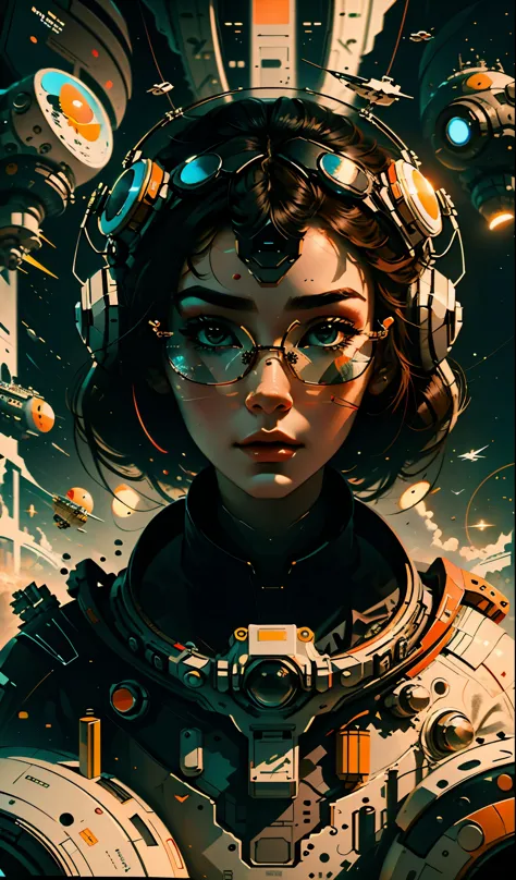 masterpiece, best quality, 1girl, space thriller movie poster, Bauhaus, shapes, lines, abstract, wearing Apple Vision Pro goggle...