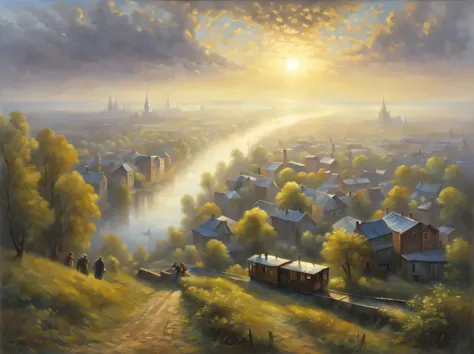 oil painting on canvas, early morning on the outskirts of the metropolis, the sun disappears over the horizon and sends the firs...