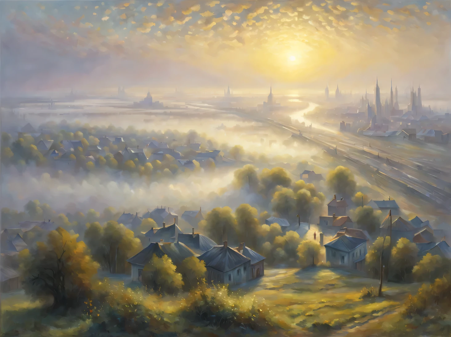 oil painting on canvas, early morning on the outskirts of the metropolis, the sun disappears over the horizon and sends the first rays of its gentle sun to the city, dispelling light fog and darkness, Hugh Douglas Hamilton, Alexey Savrasov, Fedor Vasiliev, Rob Gonsalves, Peder Monstead