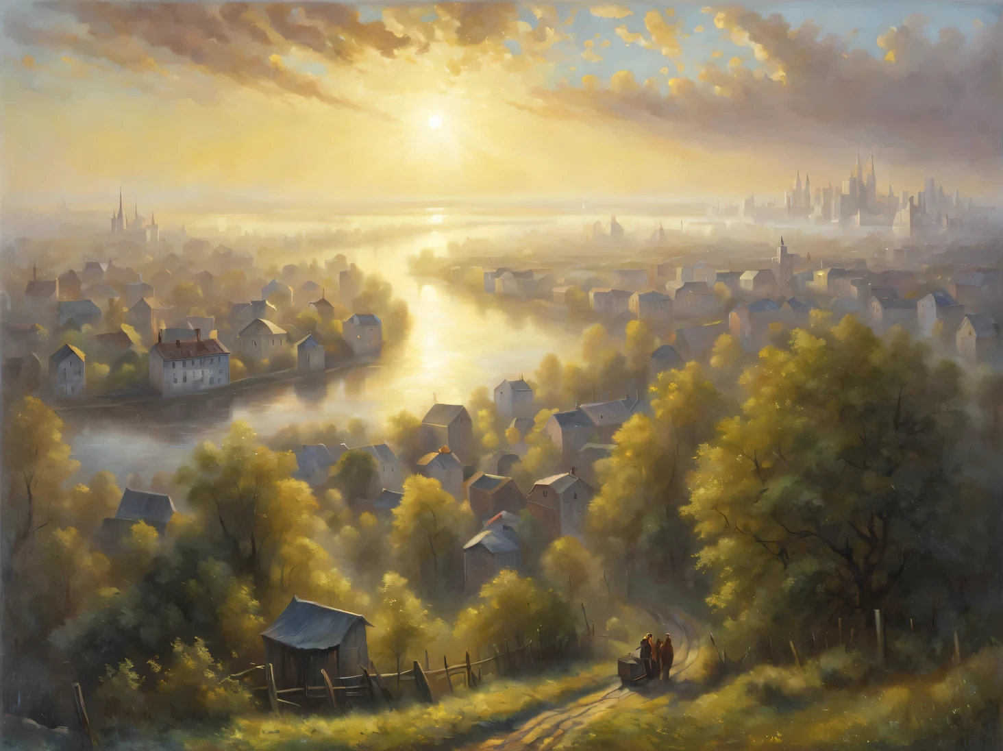 oil painting on canvas, early morning on the outskirts of the metropolis, the sun disappears over the horizon and sends the first rays of its gentle sun to the city, dispelling light fog and darkness, Hugh Douglas Hamilton, Alexey Savrasov, Fedor Vasiliev, Rob Gonsalves, Peder Monstead