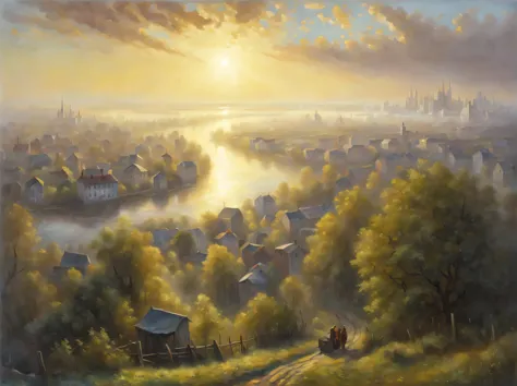 oil painting on canvas, early morning on the outskirts of the metropolis, the sun disappears over the horizon and sends the firs...