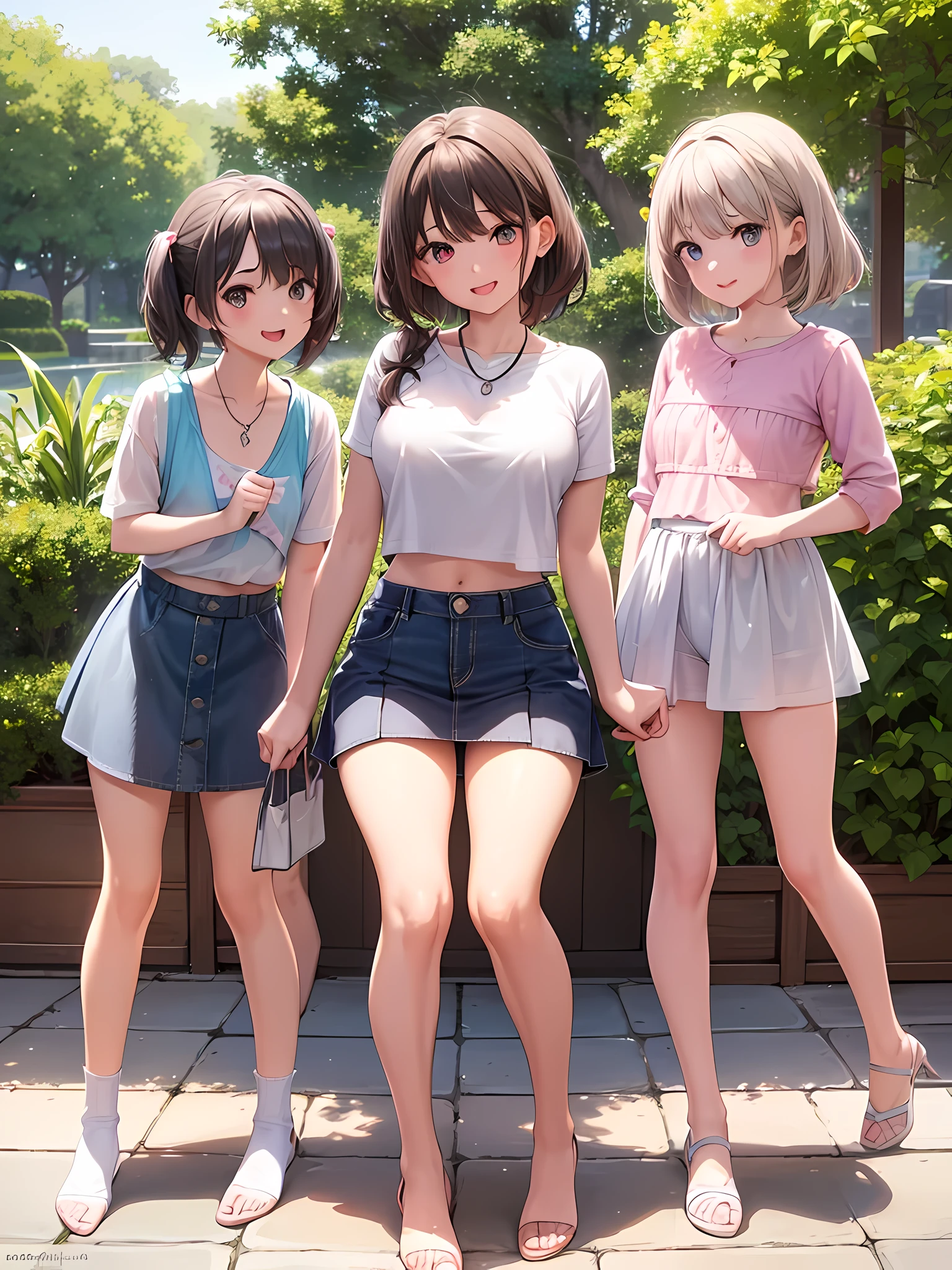 ((highest quality)), ((masterpiece)),(Noble),  (Cute baby girl), (3 girls:1.8), cute three girls are posing for a camera outdoors in the water, shirtをつかむ, Stand in line, (Close-up shot from the knee:1.3), perfect face, smile, (open your mouth and smile:1.3), embarrassed look, (precise fingers:1.3), hair band, head band, hair bobble, blouse, shirt, I can see your underwear, (pastel colored underwear), high resolution eyes, accurate eyes, (high resolution eyes:1.8), (High definition finger 1.8), light smile, , chest, realistic, 5 years old, 6 years old, 7 years old, knee socks, short skirt, Asian, Westerners, silver hair, brown hair, blonde, belly button, jewelry, looking at the viewer, necklace, water, , Wet, long hair, short hair, abs,
